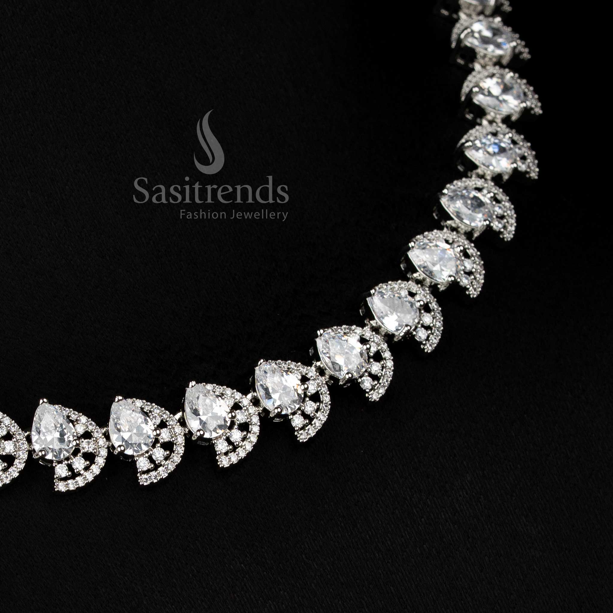 Majestic Dual Finish Rhodium Silver and Gold Plated Teardrop Infinity American Diamond Necklace Jewellery Set for Festive Wear - Image 13