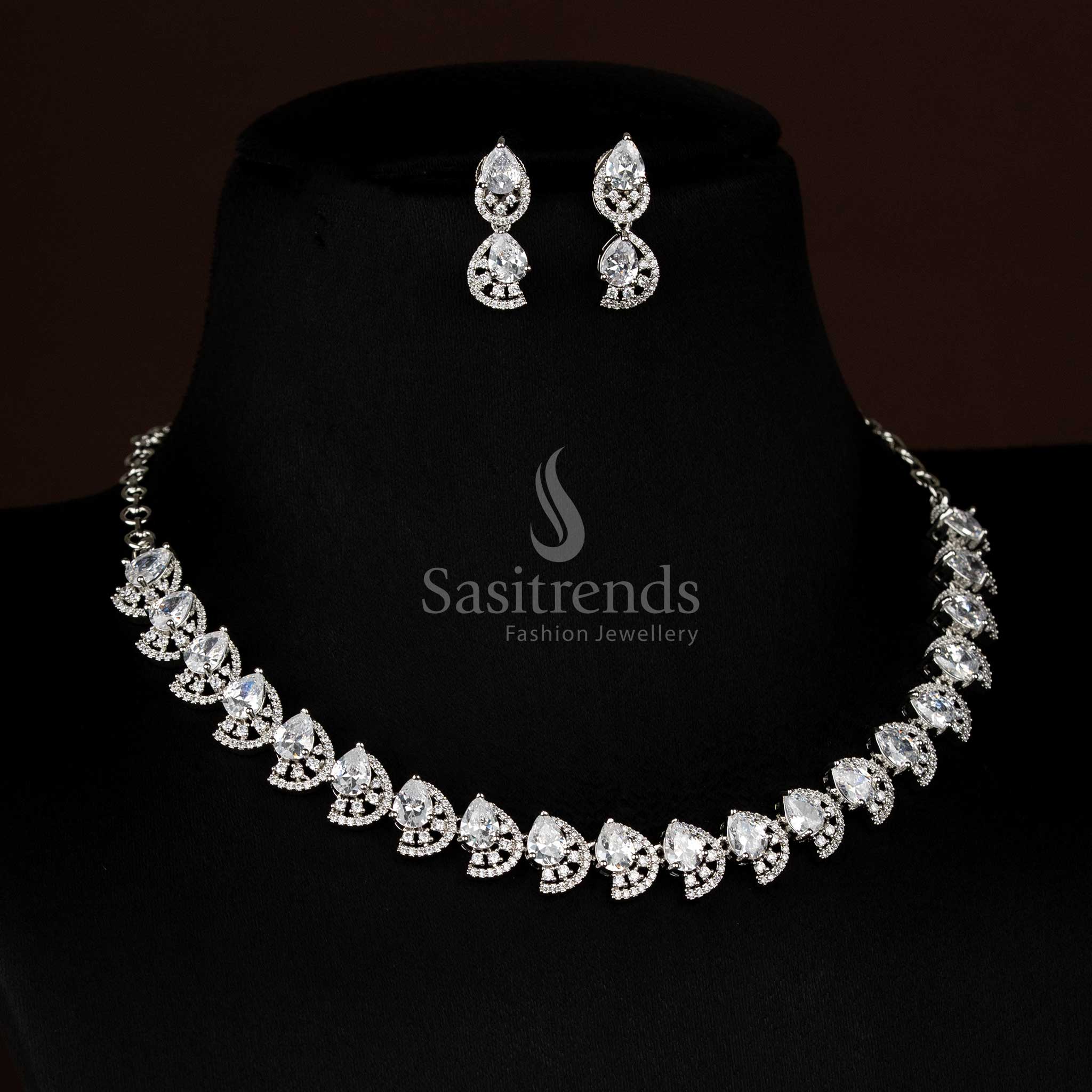 Majestic Dual Finish Rhodium Silver and Gold Plated Teardrop Infinity American Diamond Necklace Jewellery Set for Festive Wear - Image 14