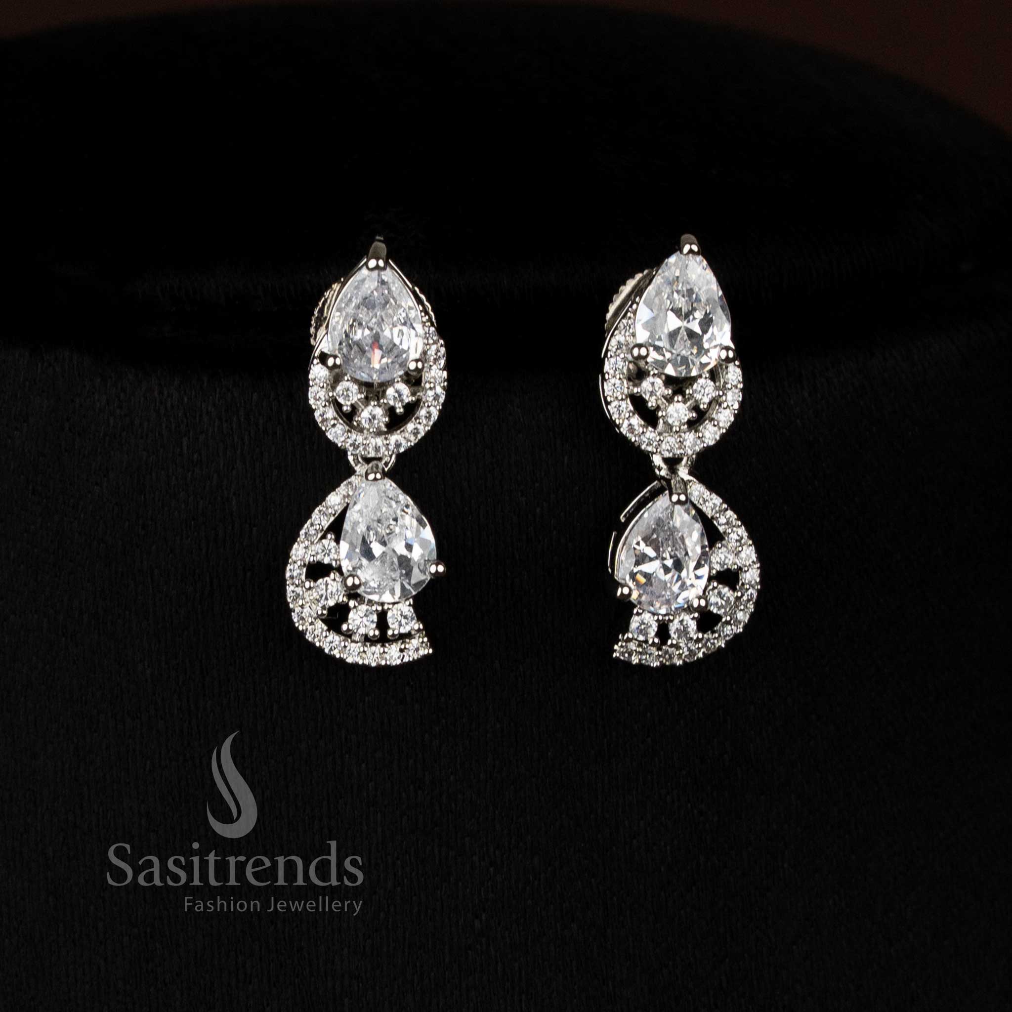 Majestic Dual Finish Rhodium Silver and Gold Plated Teardrop Infinity American Diamond Necklace Jewellery Set for Festive Wear - Image 15