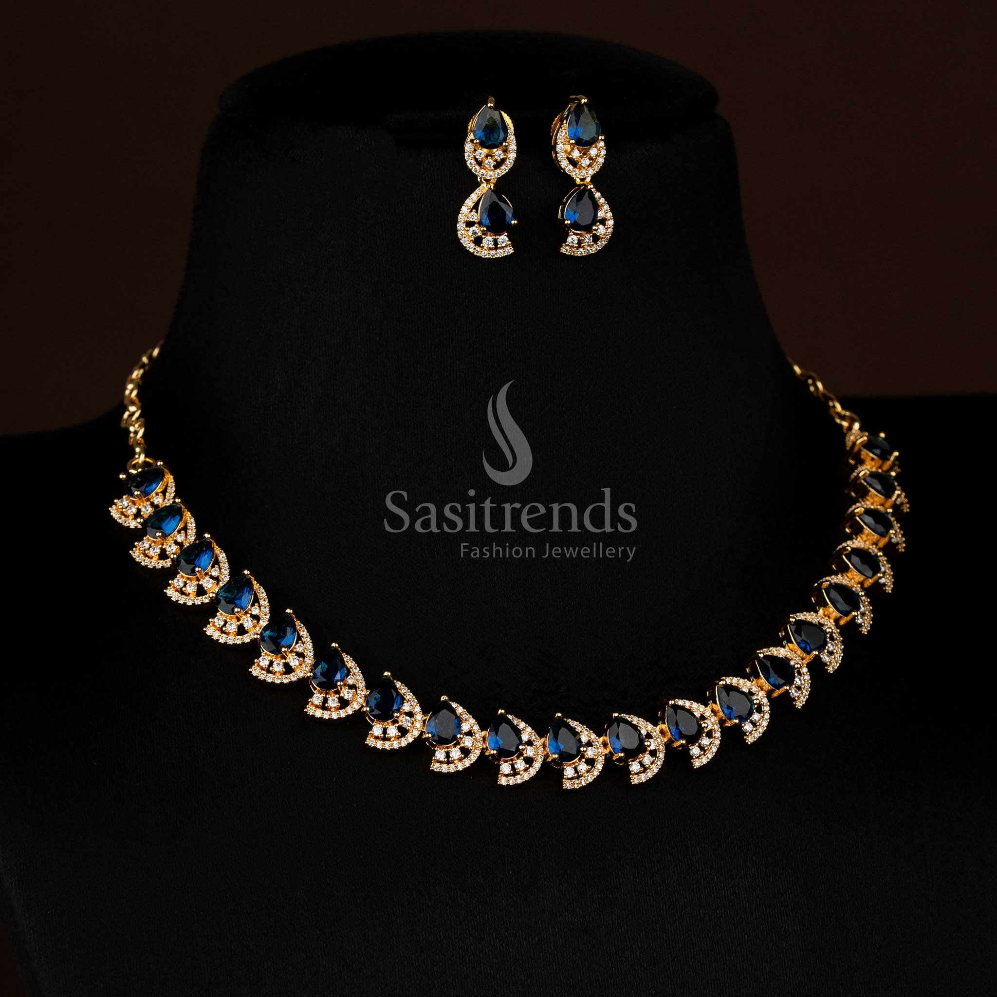 Majestic Dual Finish Rhodium Silver and Gold Plated Teardrop Infinity American Diamond Necklace Jewellery Set for Festive Wear - Image 16