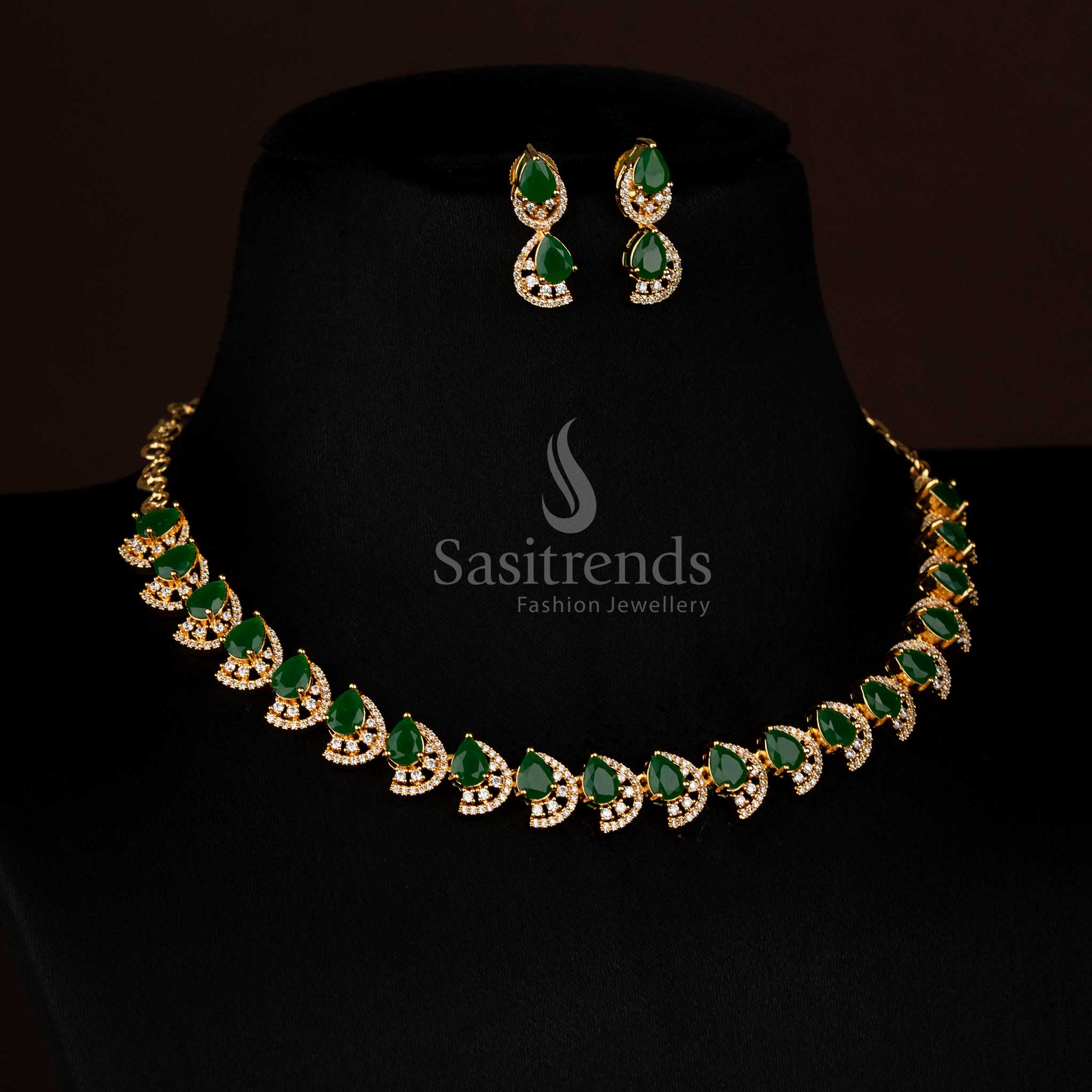Majestic Dual Finish Rhodium Silver and Gold Plated Teardrop Infinity American Diamond Necklace Jewellery Set for Festive Wear - Image 17