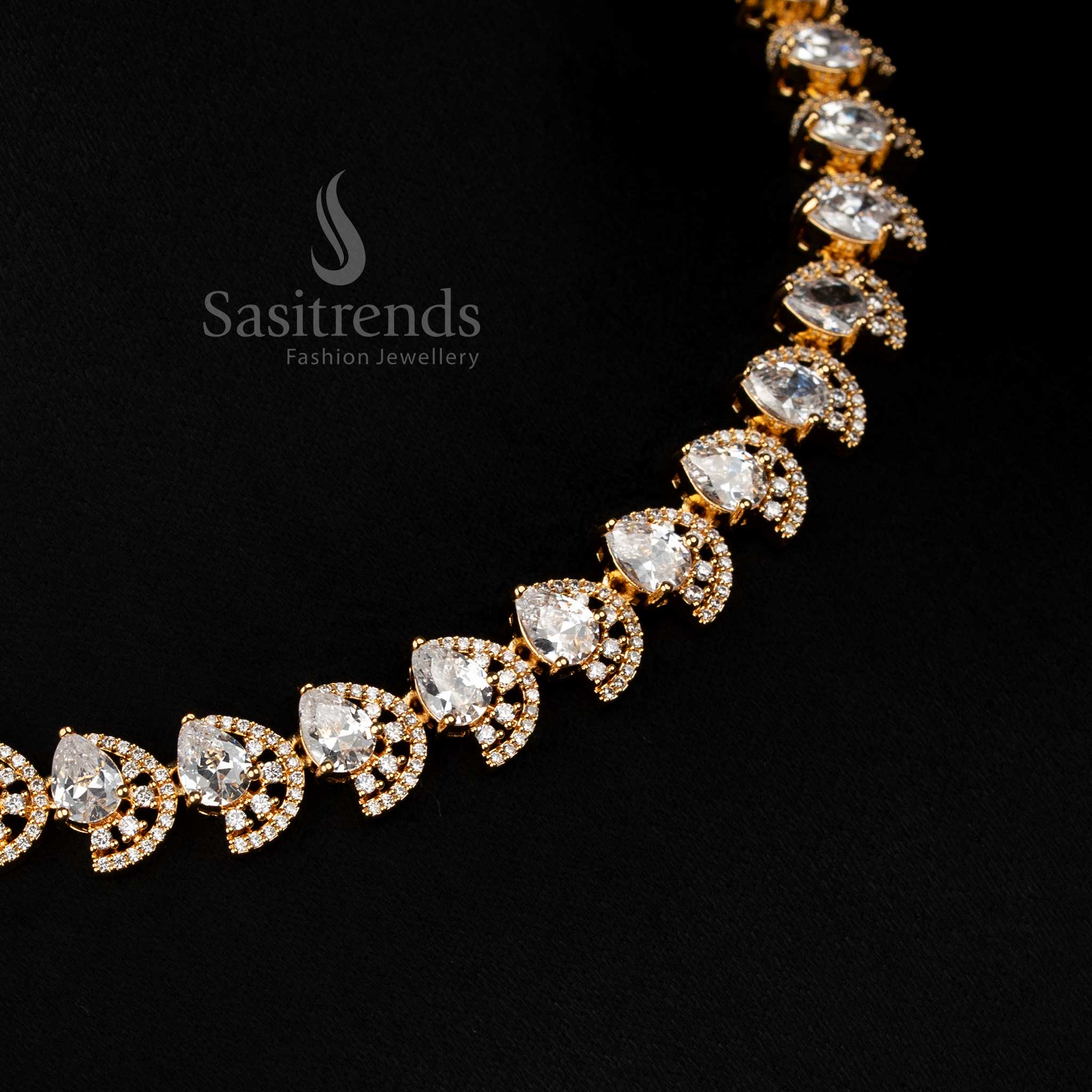 Majestic Dual Finish Rhodium Silver and Gold Plated Teardrop Infinity American Diamond Necklace Jewellery Set for Festive Wear - Image 18