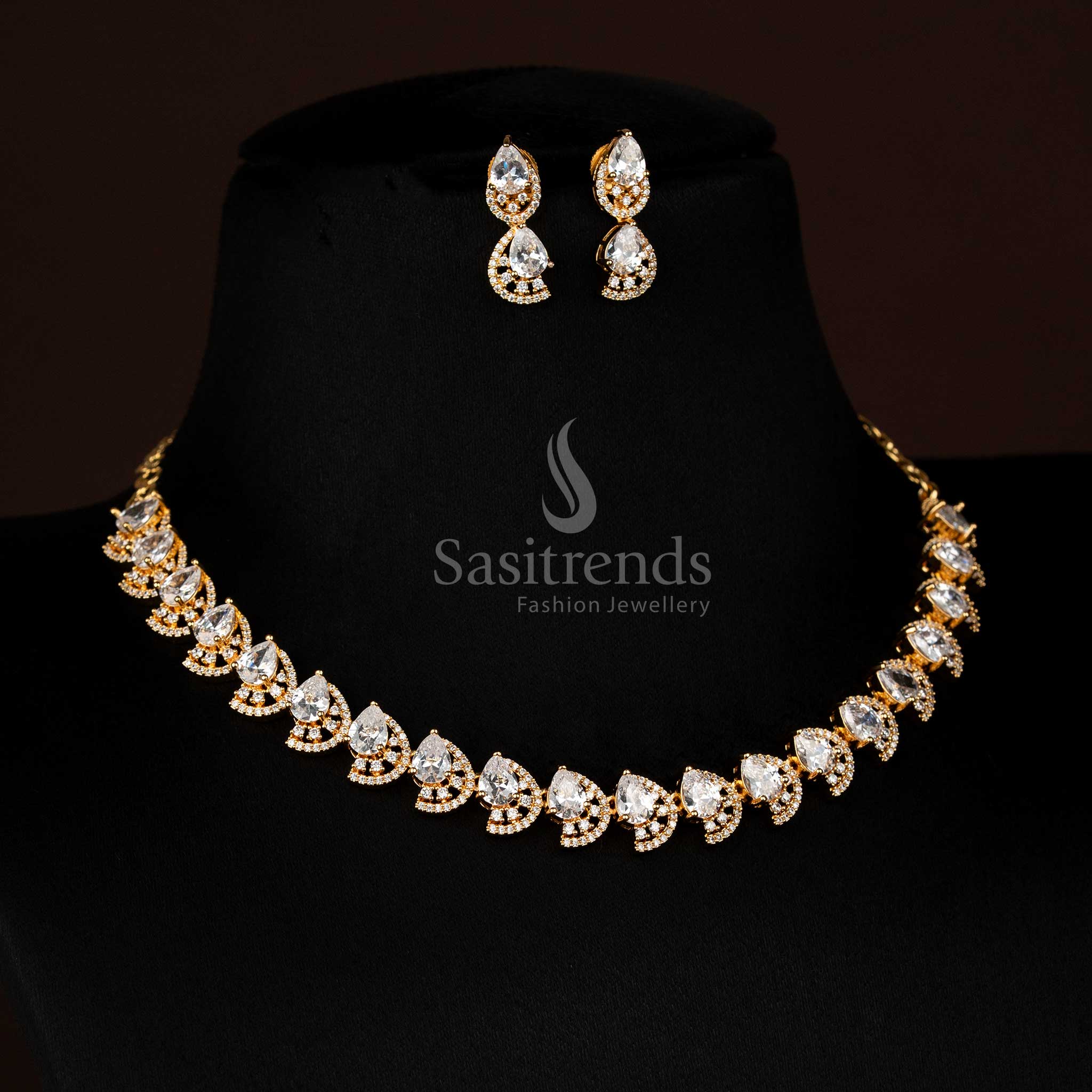 Majestic Dual Finish Rhodium Silver and Gold Plated Teardrop Infinity American Diamond Necklace Jewellery Set for Festive Wear - Image 19