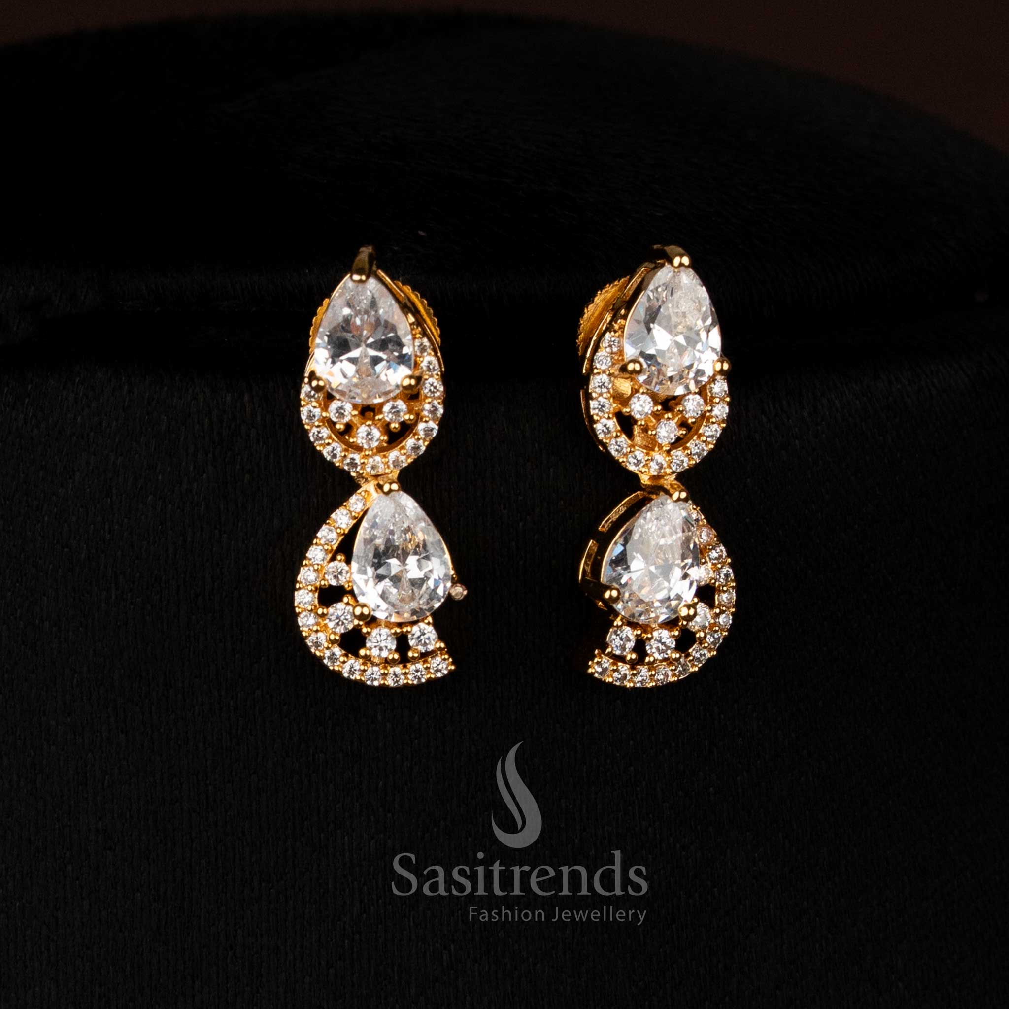 Majestic Dual Finish Rhodium Silver and Gold Plated Teardrop Infinity American Diamond Necklace Jewellery Set for Festive Wear - Image 20