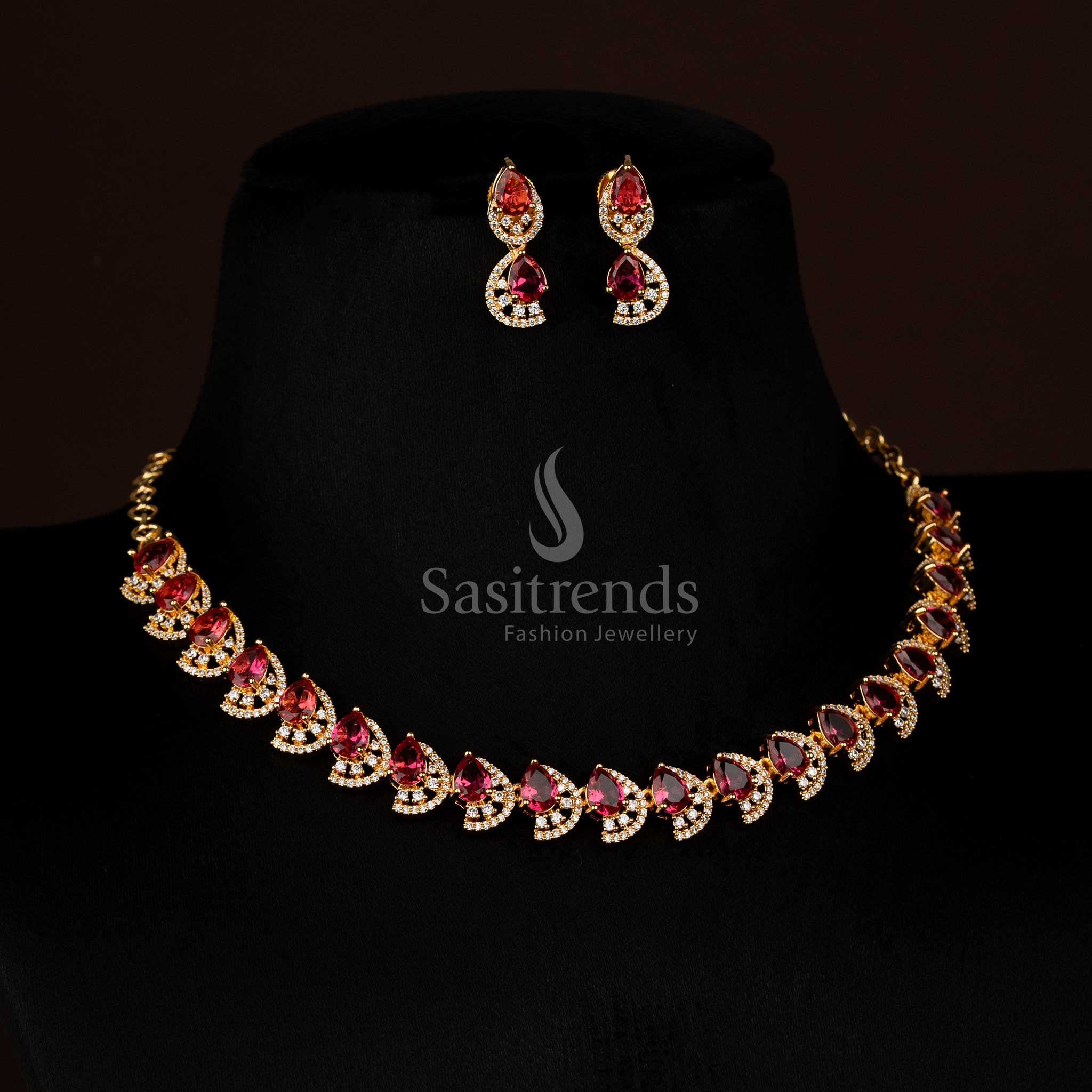 Majestic Dual Finish Rhodium Silver and Gold Plated Teardrop Infinity American Diamond Necklace Jewellery Set for Festive Wear - Image 22