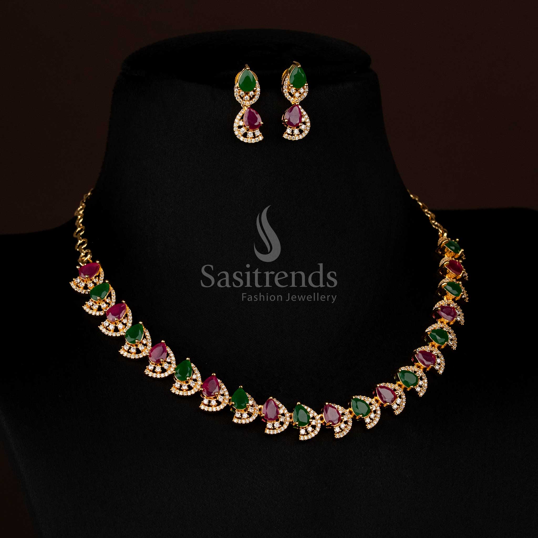 Majestic Dual Finish Rhodium Silver and Gold Plated Teardrop Infinity American Diamond Necklace Jewellery Set for Festive Wear - Image 24