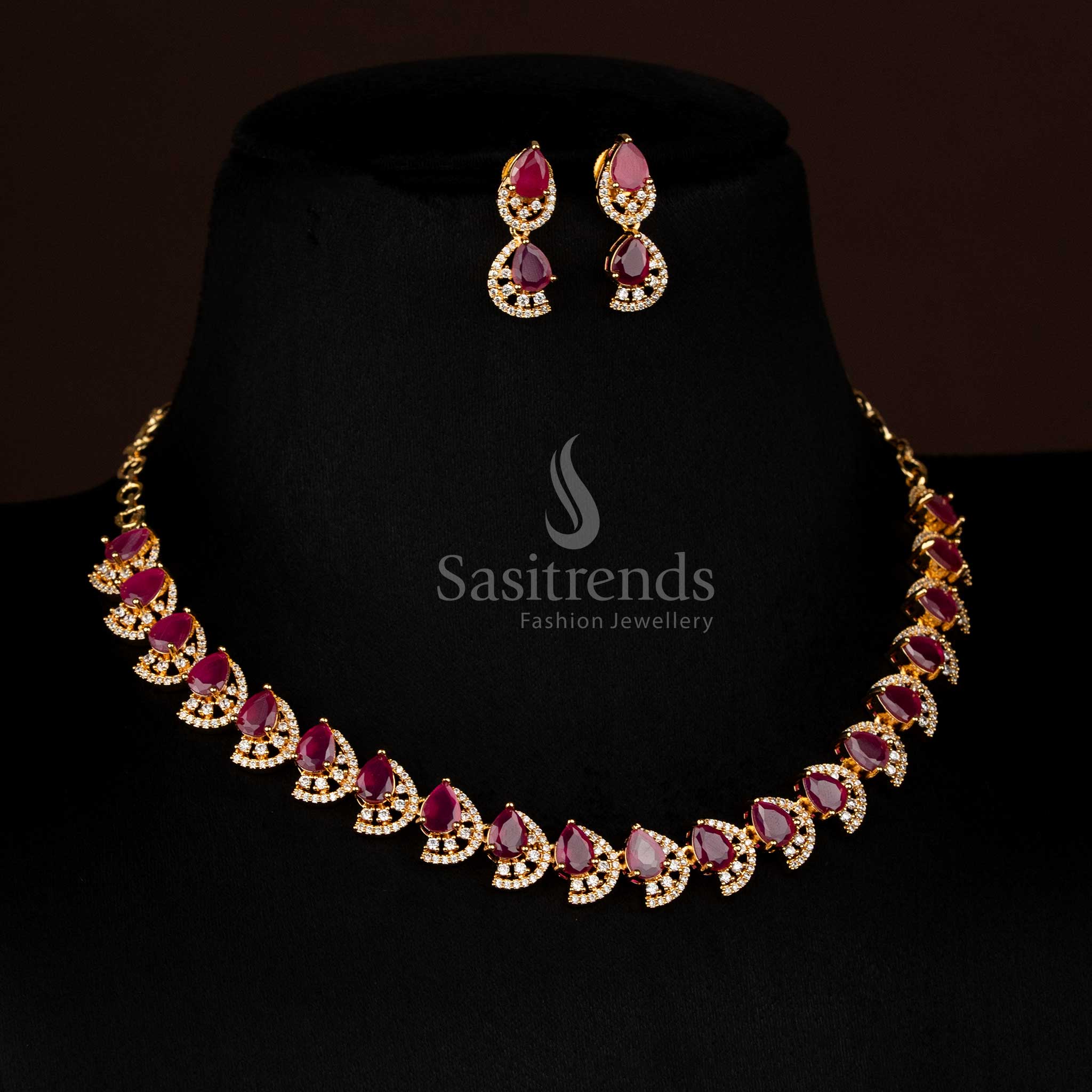 Majestic Dual Finish Rhodium Silver and Gold Plated Teardrop Infinity American Diamond Necklace Jewellery Set for Festive Wear - Image 26