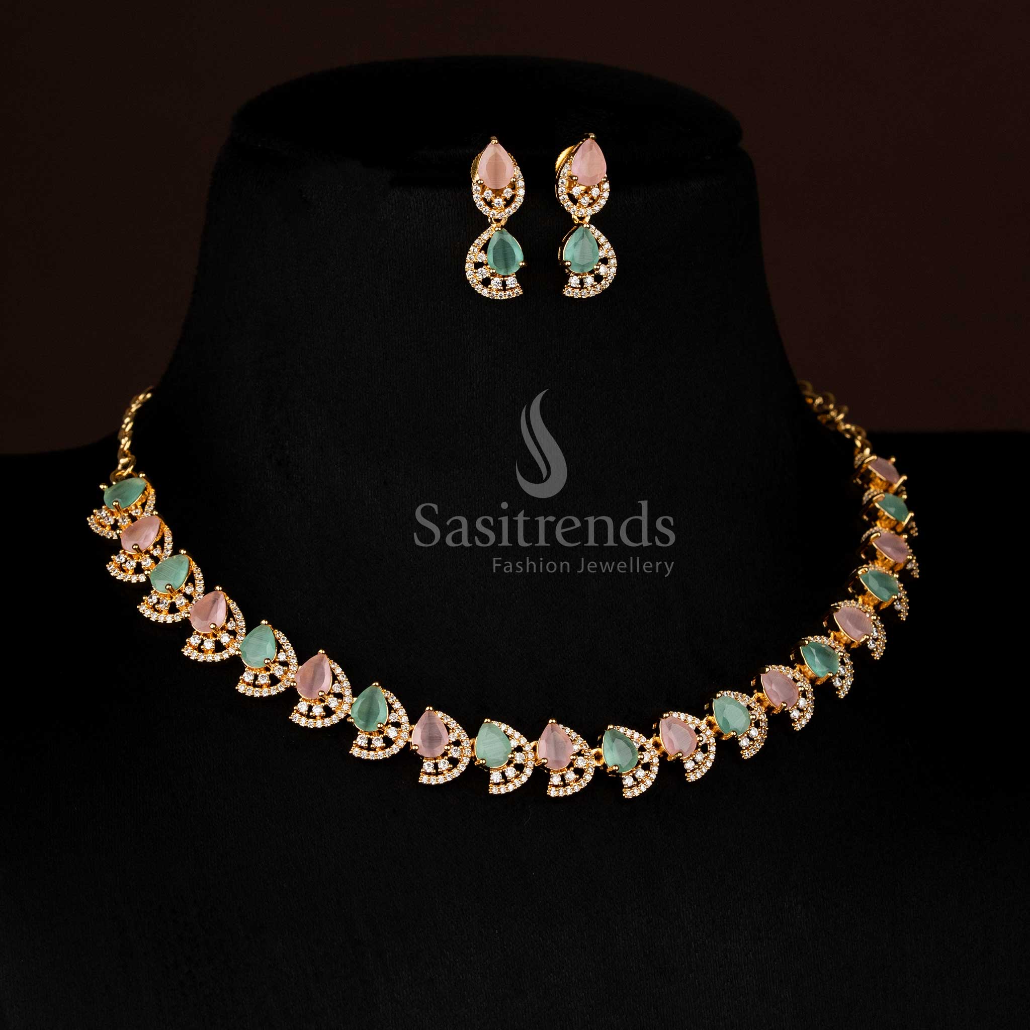 Majestic Dual Finish Rhodium Silver and Gold Plated Teardrop Infinity American Diamond Necklace Jewellery Set for Festive Wear - Image 28