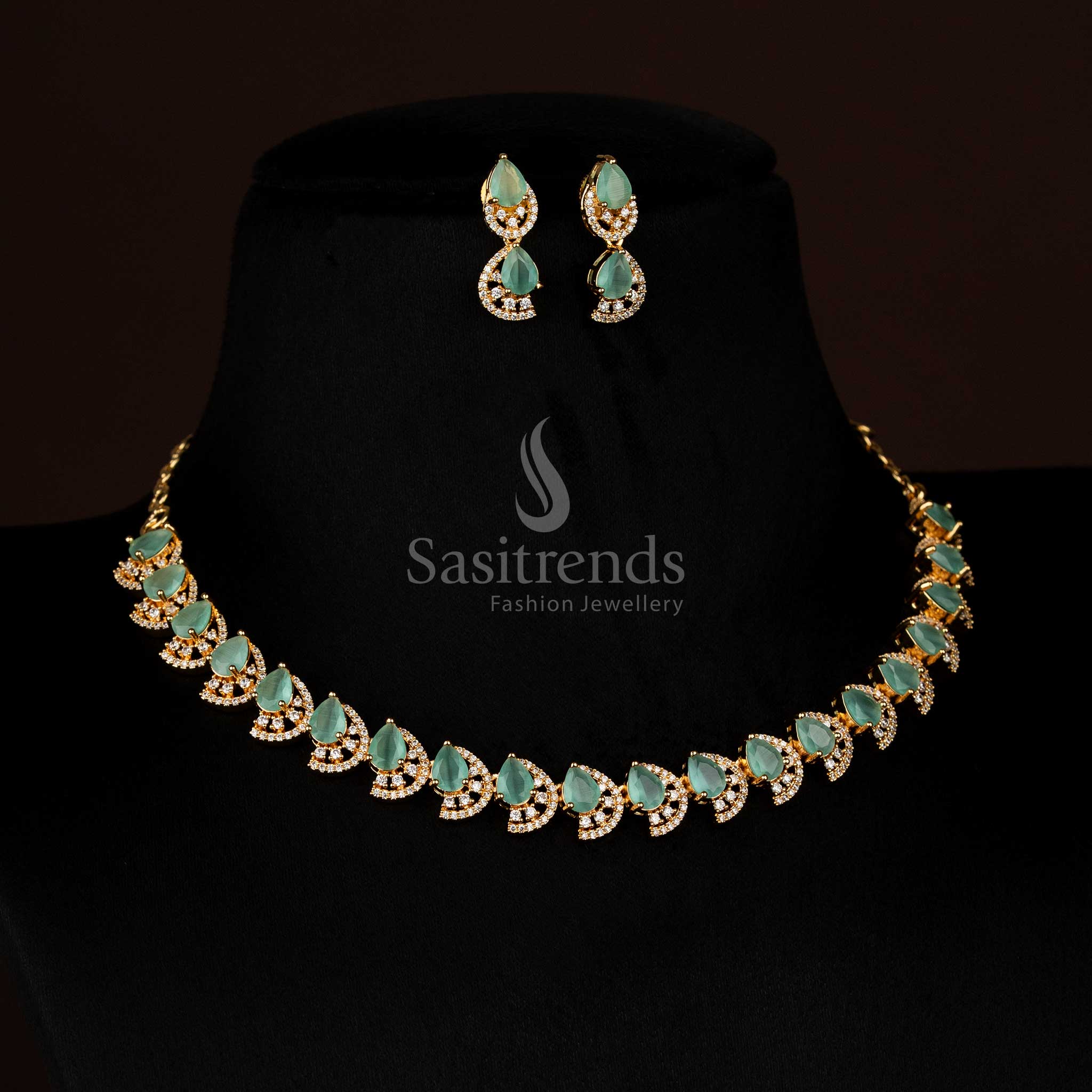 Majestic Dual Finish Rhodium Silver and Gold Plated Teardrop Infinity American Diamond Necklace Jewellery Set for Festive Wear - Image 29