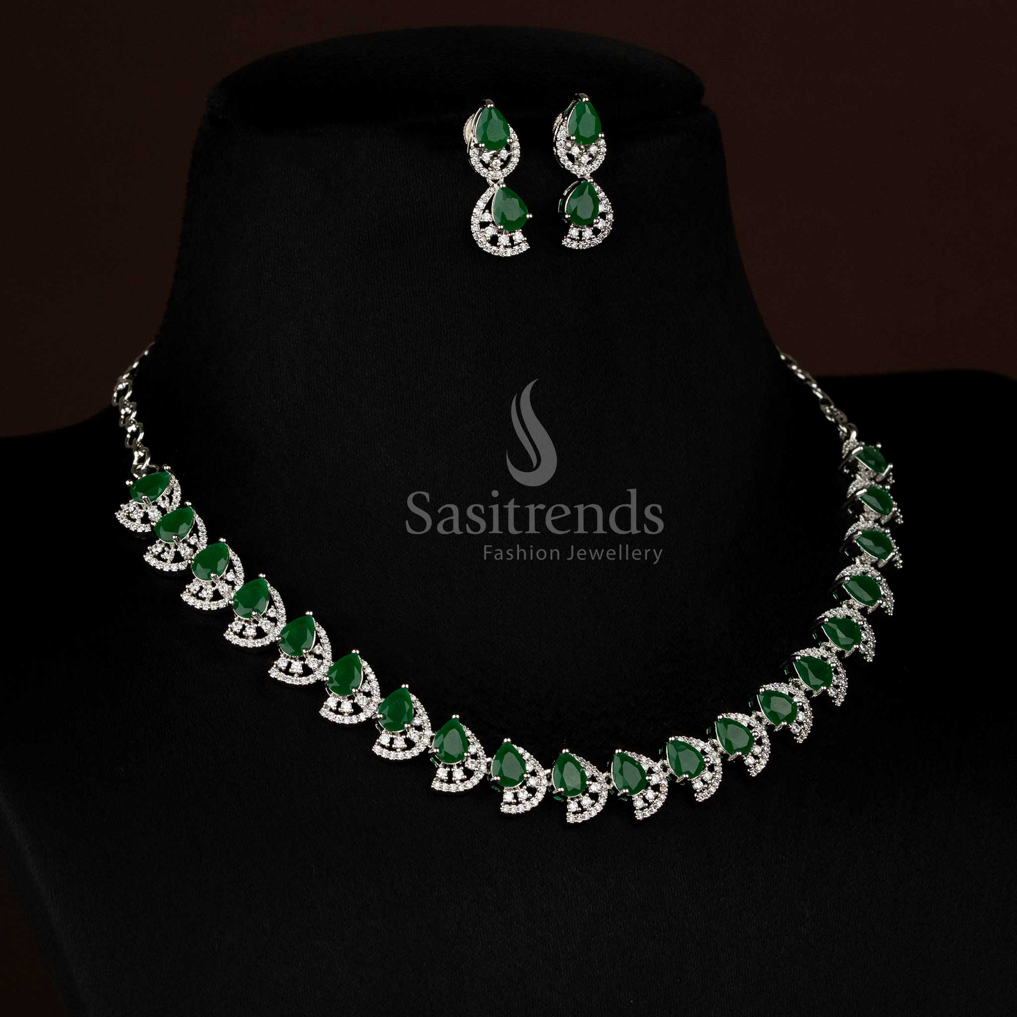 Majestic Dual Finish Rhodium Silver and Gold Plated Teardrop Infinity American Diamond Necklace Jewellery Set for Festive Wear - Image 4