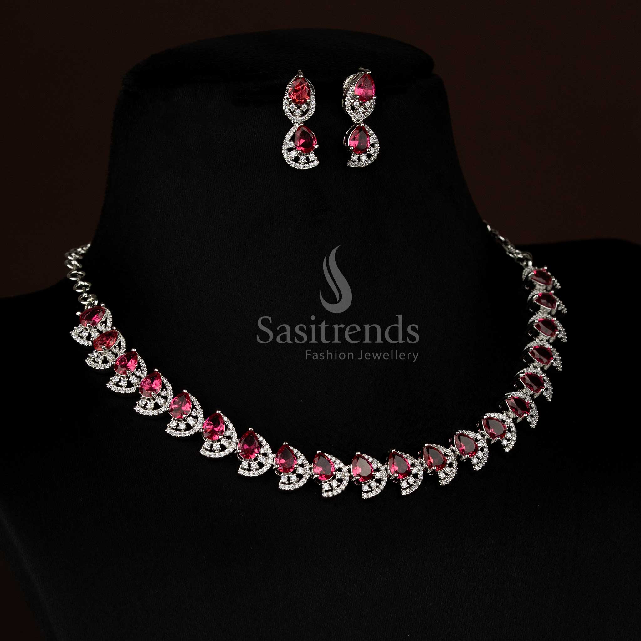 Majestic Dual Finish Rhodium Silver and Gold Plated Teardrop Infinity American Diamond Necklace Jewellery Set for Festive Wear - Image 5