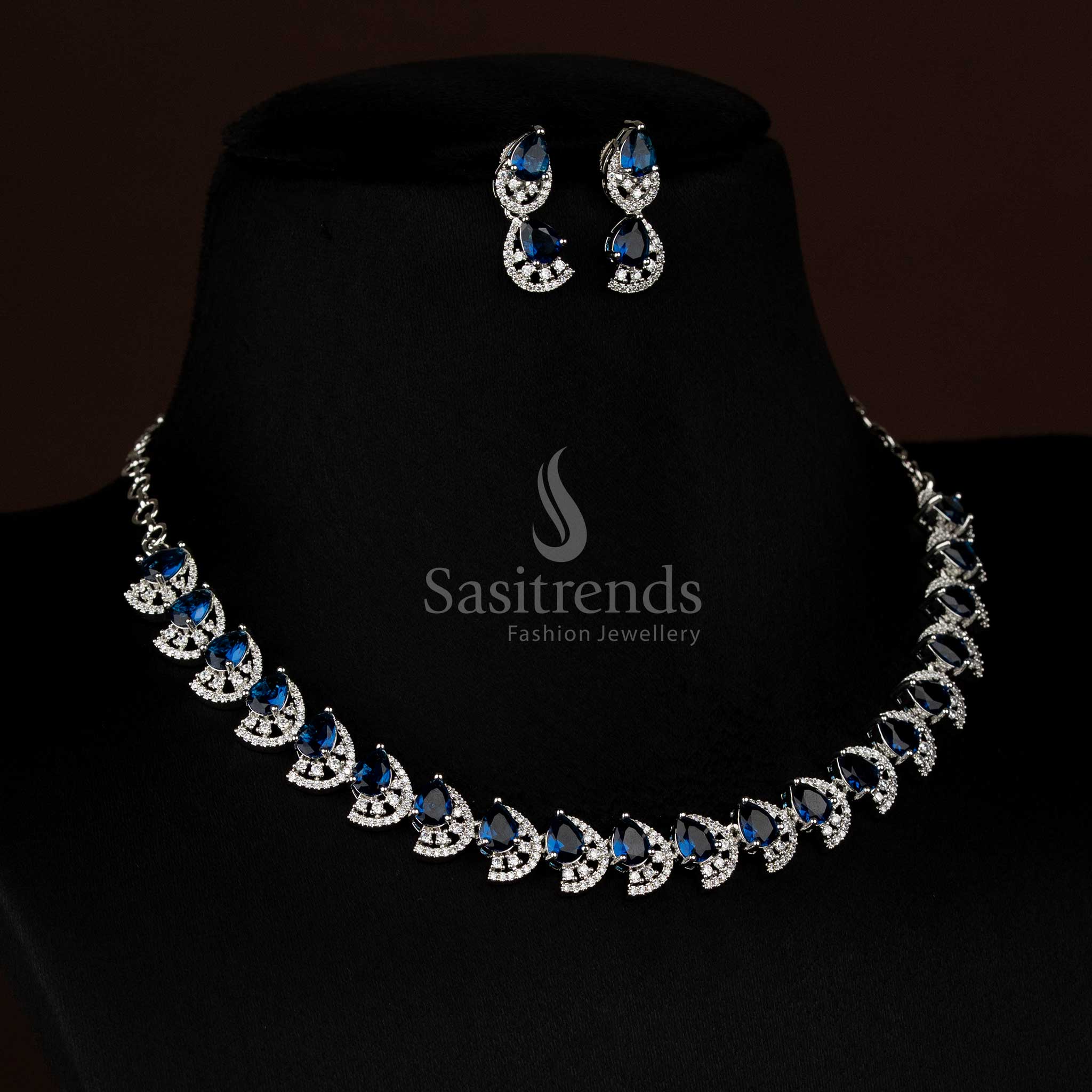 Majestic Dual Finish Rhodium Silver and Gold Plated Teardrop Infinity American Diamond Necklace Jewellery Set for Festive Wear - Image 6