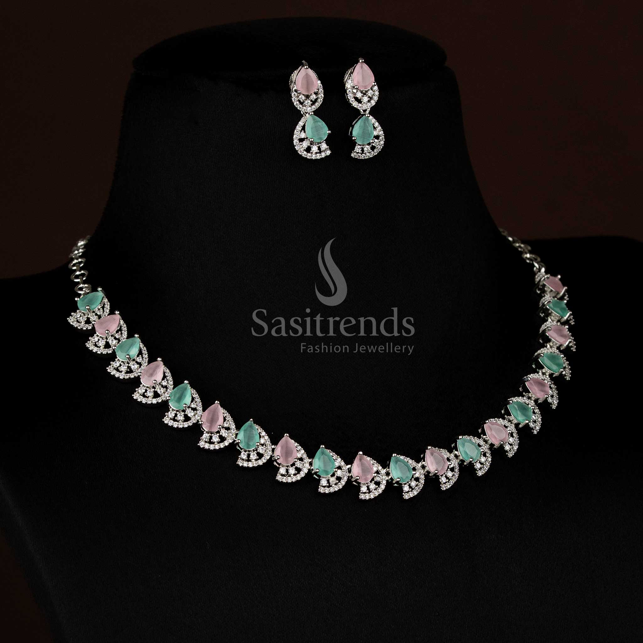 Majestic Dual Finish Rhodium Silver and Gold Plated Teardrop Infinity American Diamond Necklace Jewellery Set for Festive Wear - Image 8