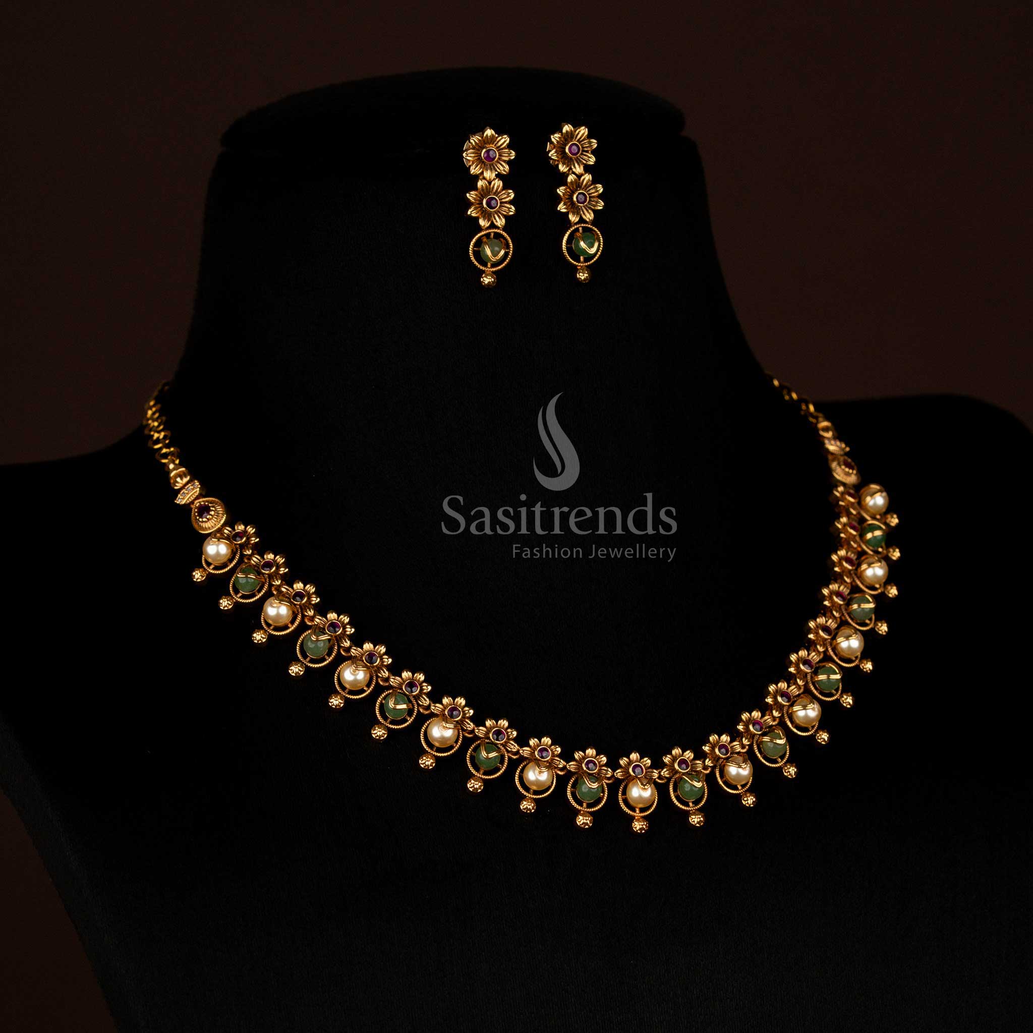 Premium Temple Matte Gold Plated Floral Round Pearl Necklace Jewellery Set for Festive Wear - Image 2