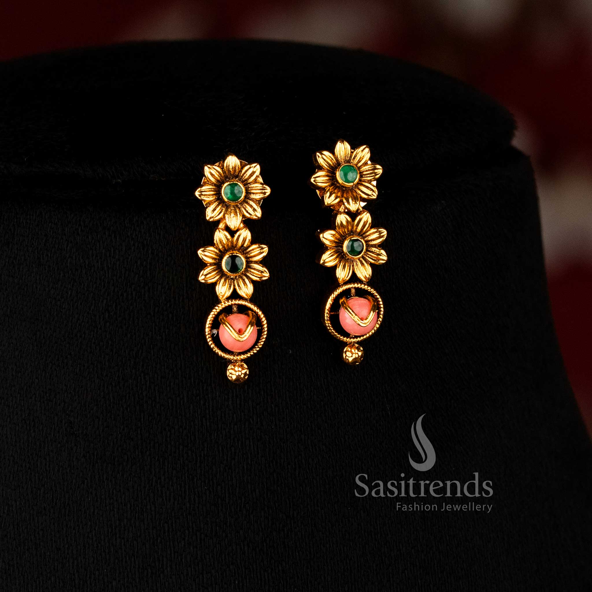 Premium Temple Matte Gold Plated Floral Round Pearl Necklace Jewellery Set for Festive Wear - Image 8