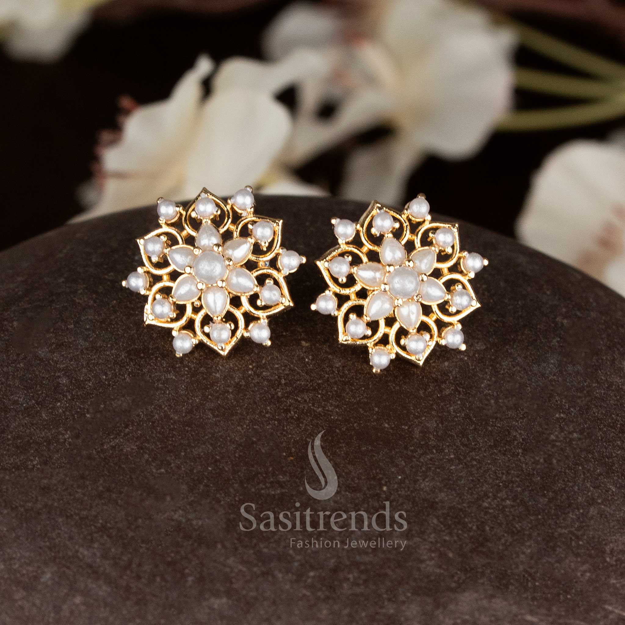 Majestic Guaranteed Micro Gold Plated Pearl ,Pavalam, Navarathnam Teardrop Floral Stud Earrings for Festive Elegance