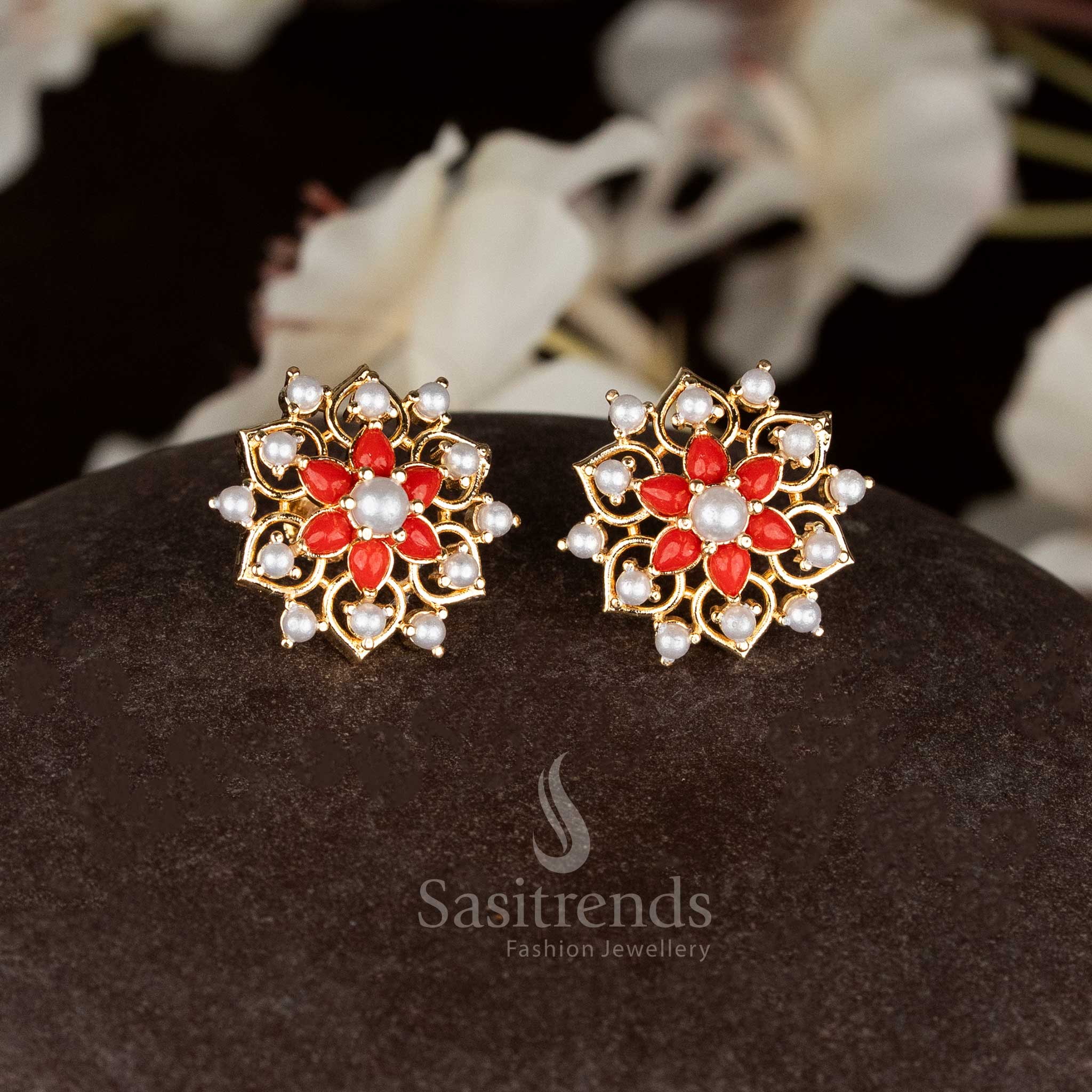Majestic Guaranteed Micro Gold Plated Pearl ,Pavalam, Navarathnam Teardrop Floral Stud Earrings for Festive Elegance - Image 2