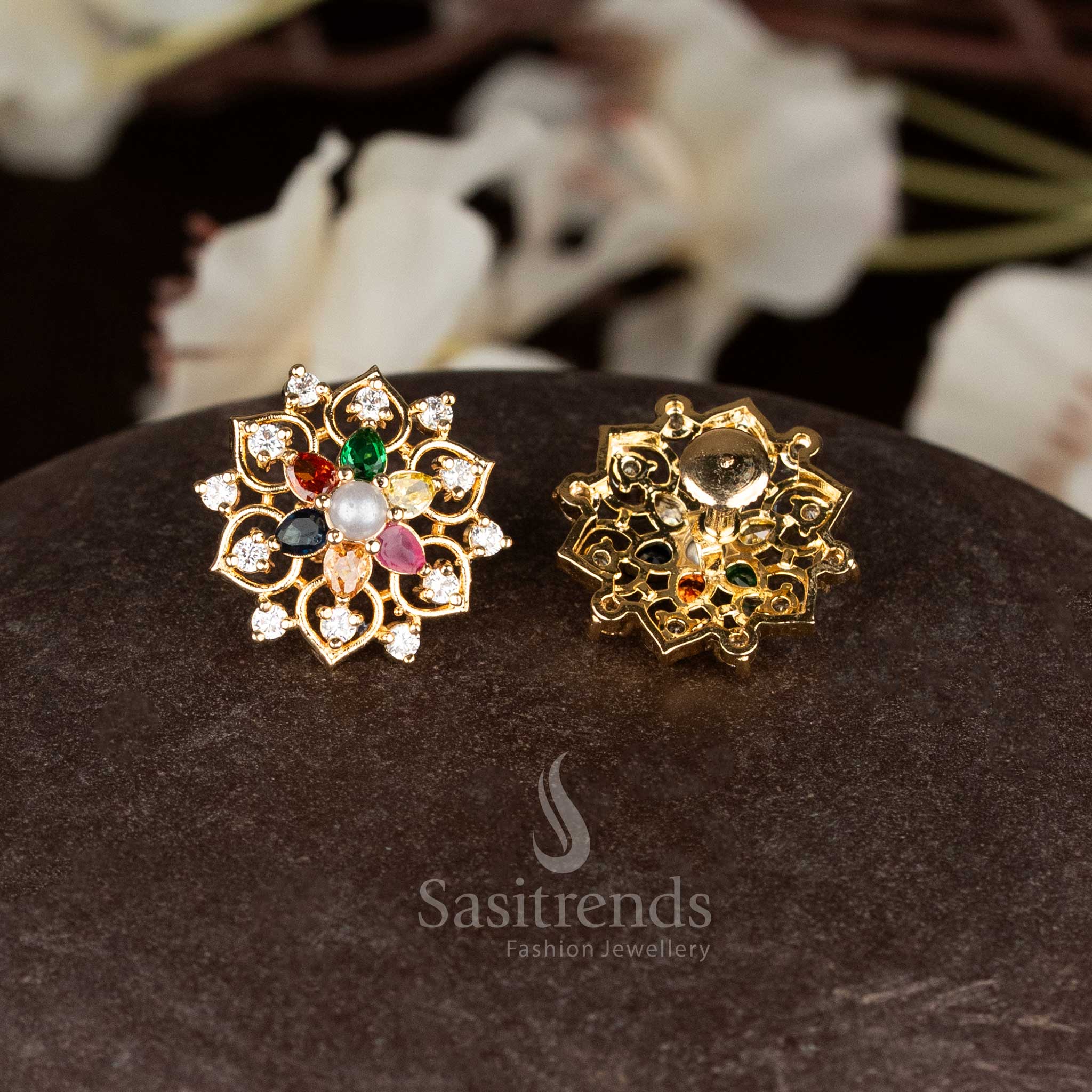 Majestic Guaranteed Micro Gold Plated Pearl ,Pavalam, Navarathnam Teardrop Floral Stud Earrings for Festive Elegance - Image 5