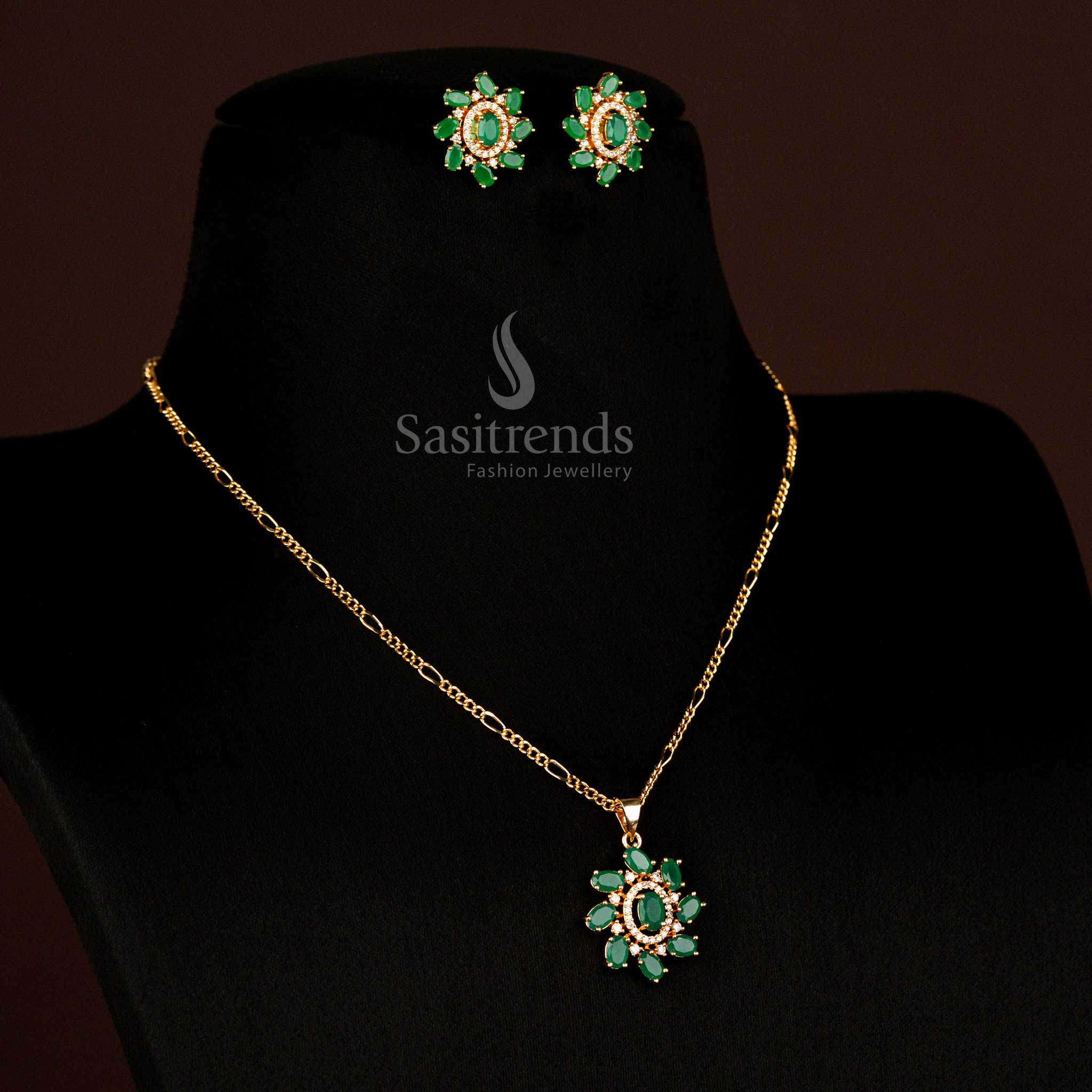 Guaranteed American Diamond Micro Gold Plated Oval Stone Pendant Chain Necklace Jewellery  Set For Festivals - Image 2