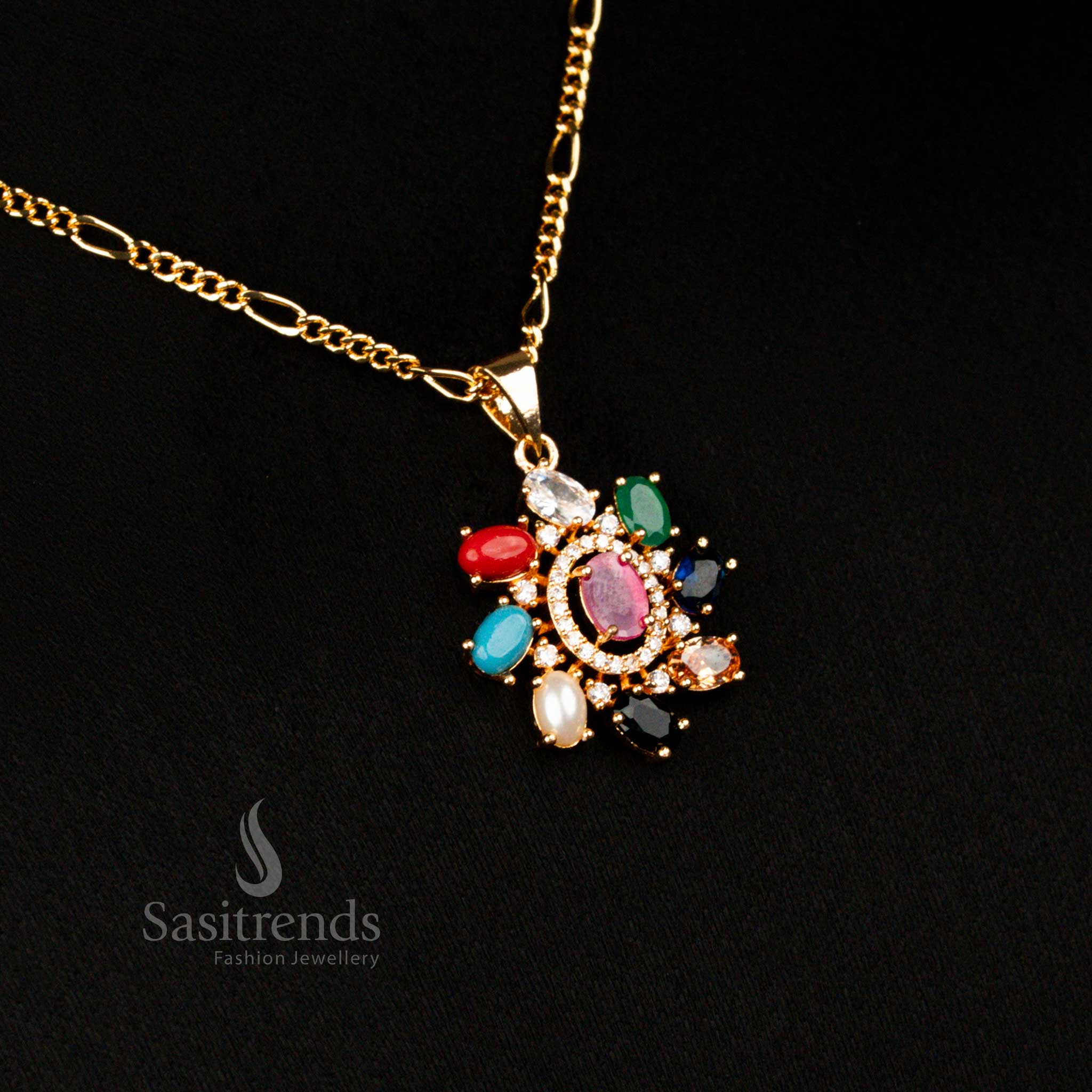 Guaranteed American Diamond Micro Gold Plated Oval Stone Pendant Chain Necklace Jewellery  Set For Festivals - Image 3