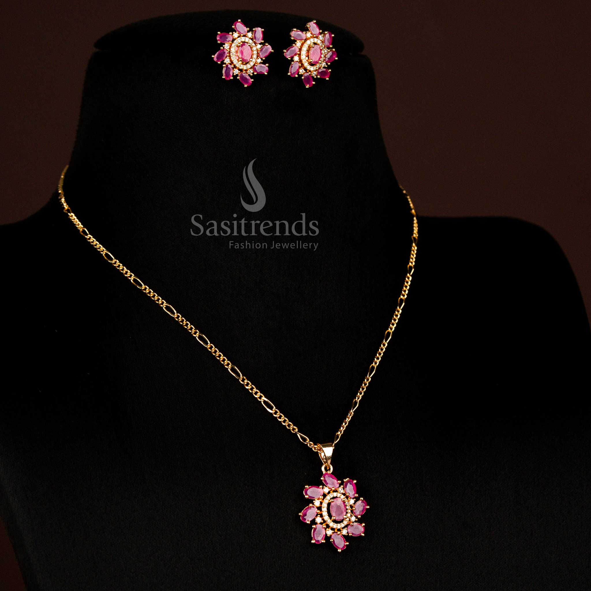 Guaranteed American Diamond Micro Gold Plated Oval Stone Pendant Chain Necklace Jewellery  Set For Festivals - Image 6