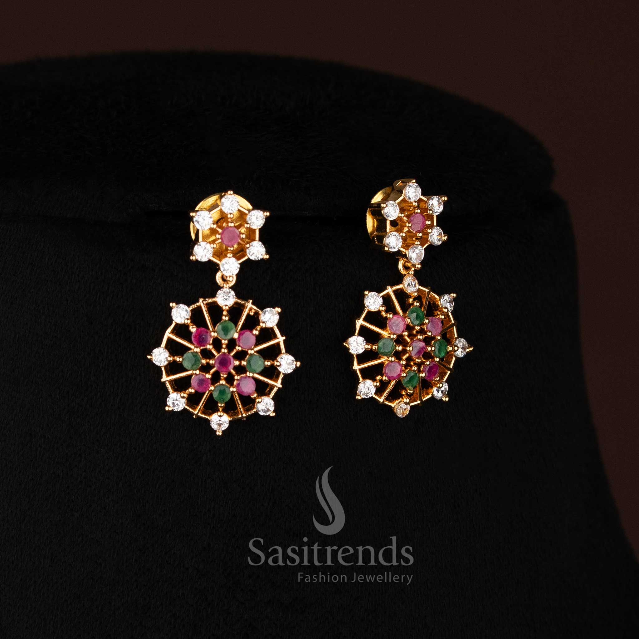 Traditional Micro Gold Plated AD Stone Floral Starburst Necklace Jewellery Set for Festive Wear - Image 10