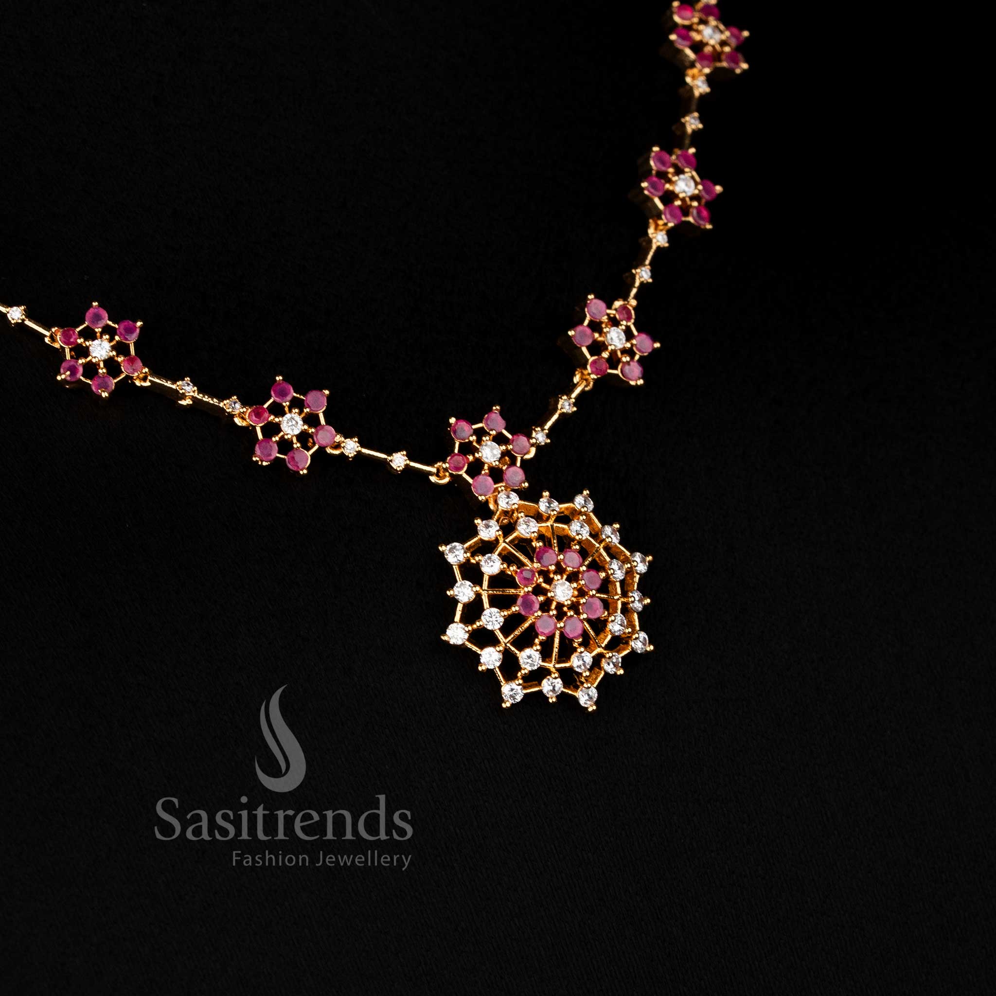 Traditional Micro Gold Plated AD Stone Floral Starburst Necklace Jewellery Set for Festive Wear - Image 14