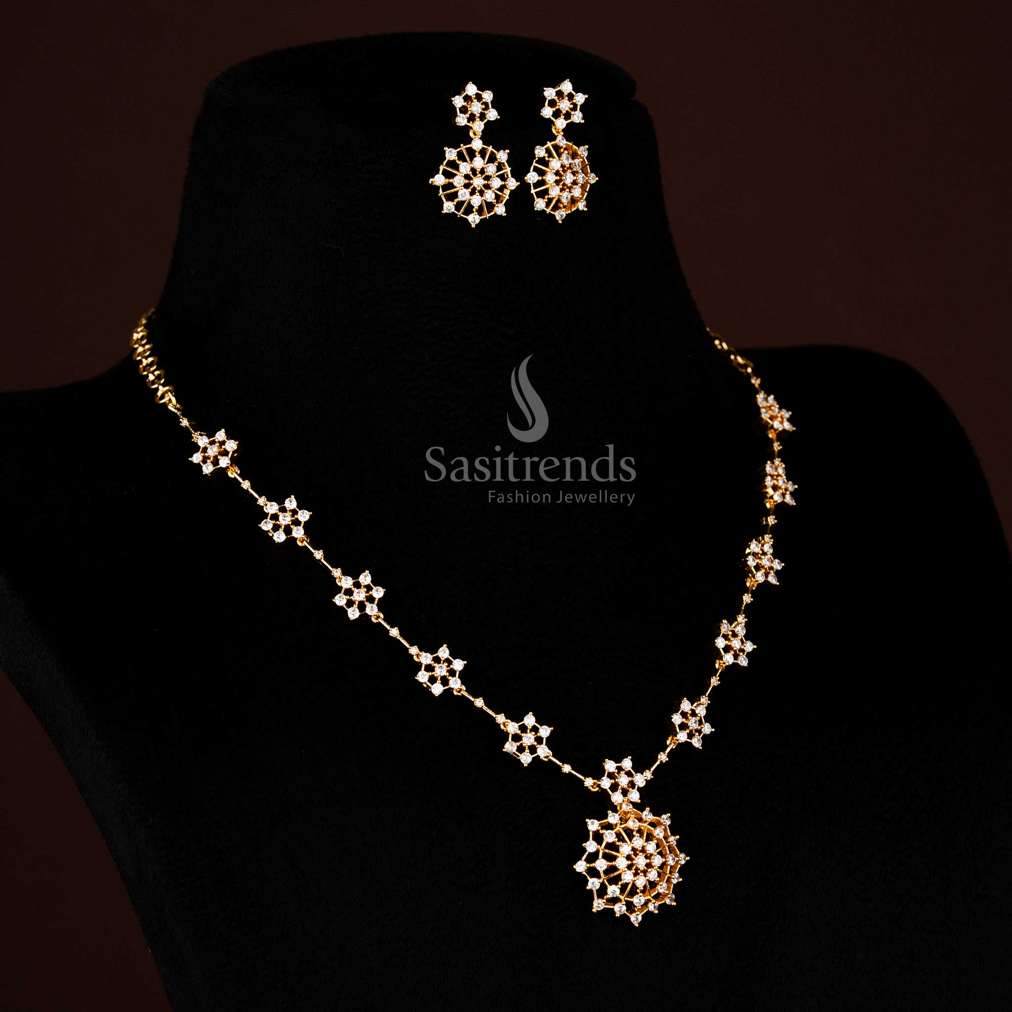 Traditional Micro Gold Plated AD Stone Floral Starburst Necklace Jewellery Set for Festive Wear - Image 3