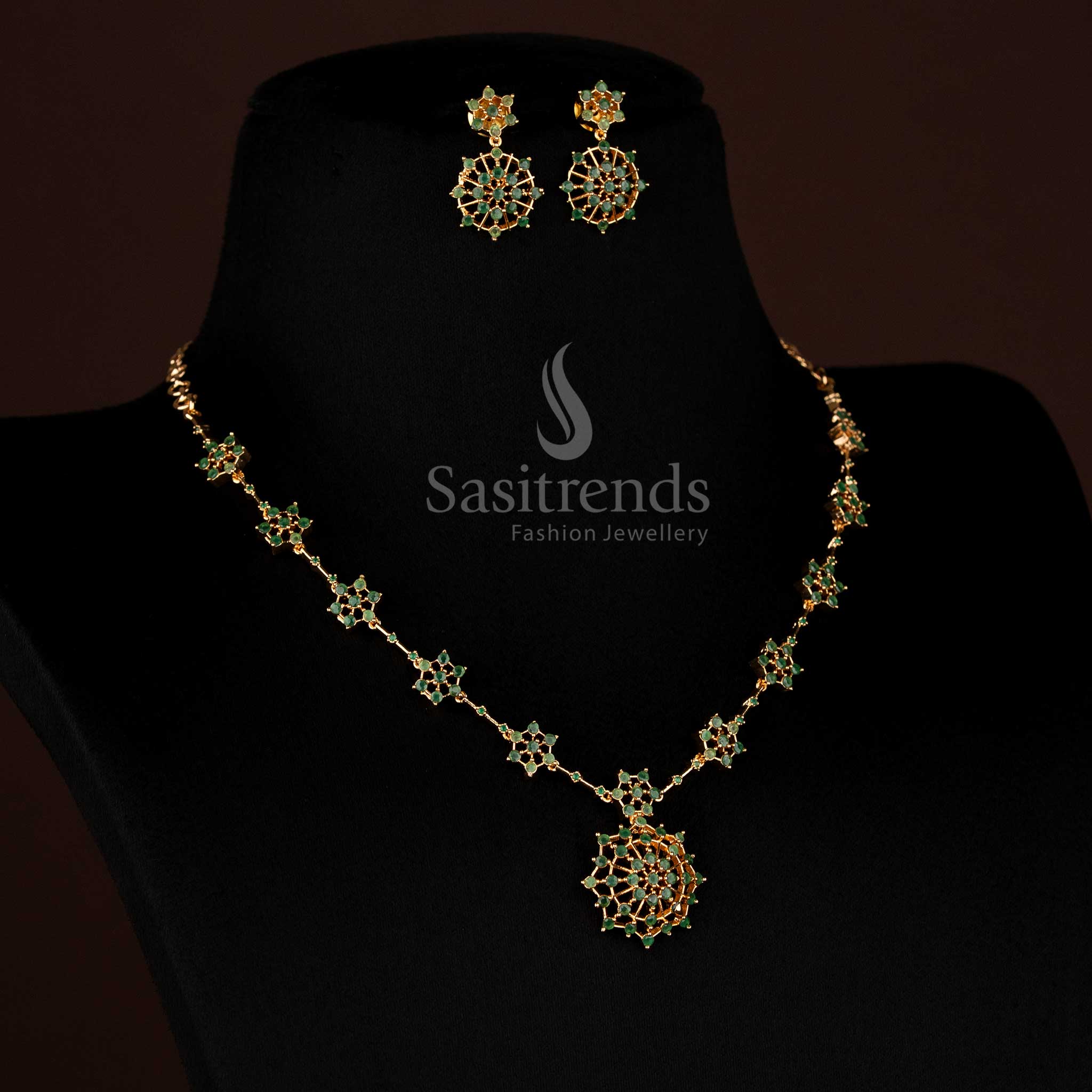 Traditional Micro Gold Plated AD Stone Floral Starburst Necklace Jewellery Set for Festive Wear - Image 6