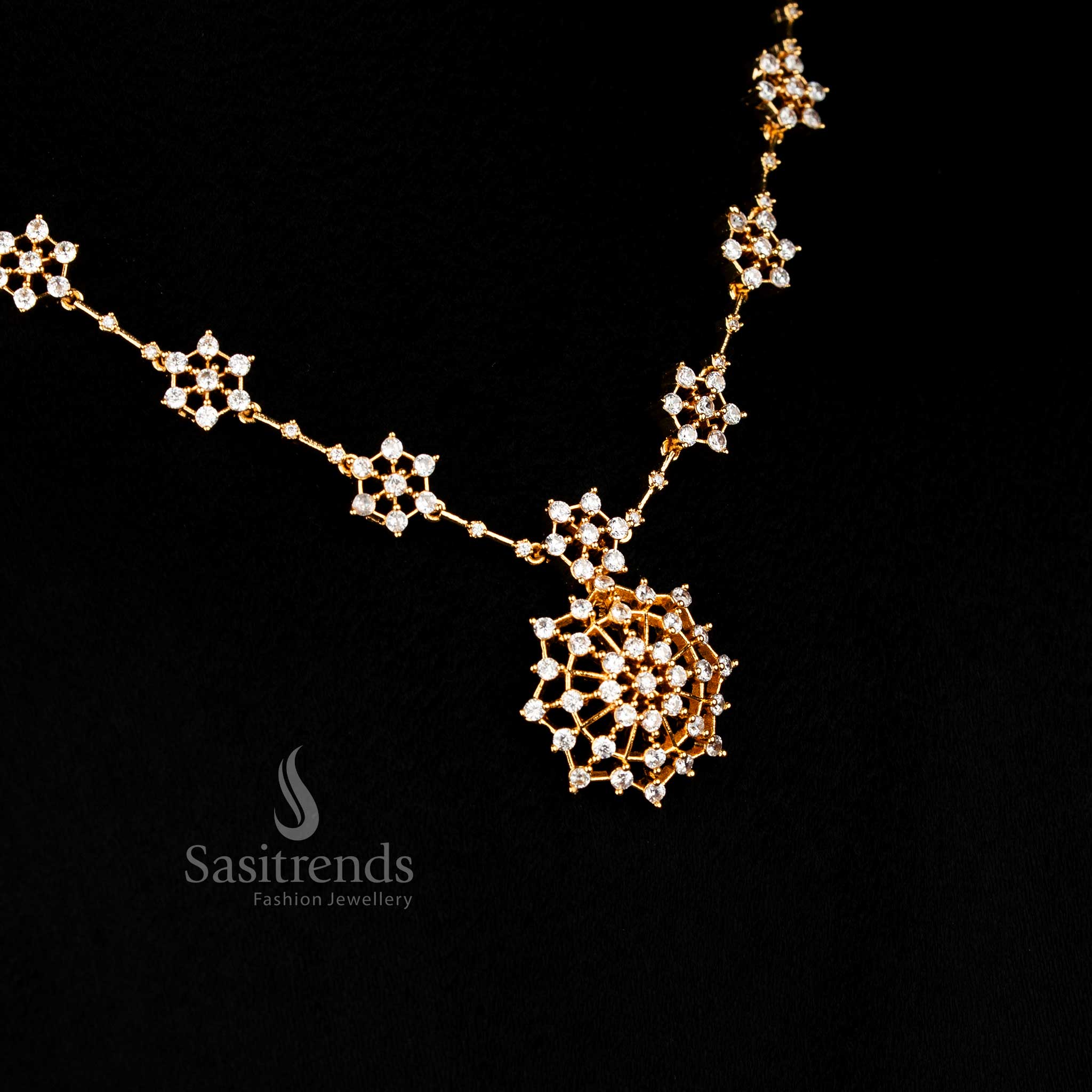 Traditional Micro Gold Plated AD Stone Floral Starburst Necklace Jewellery Set for Festive Wear - Image 8