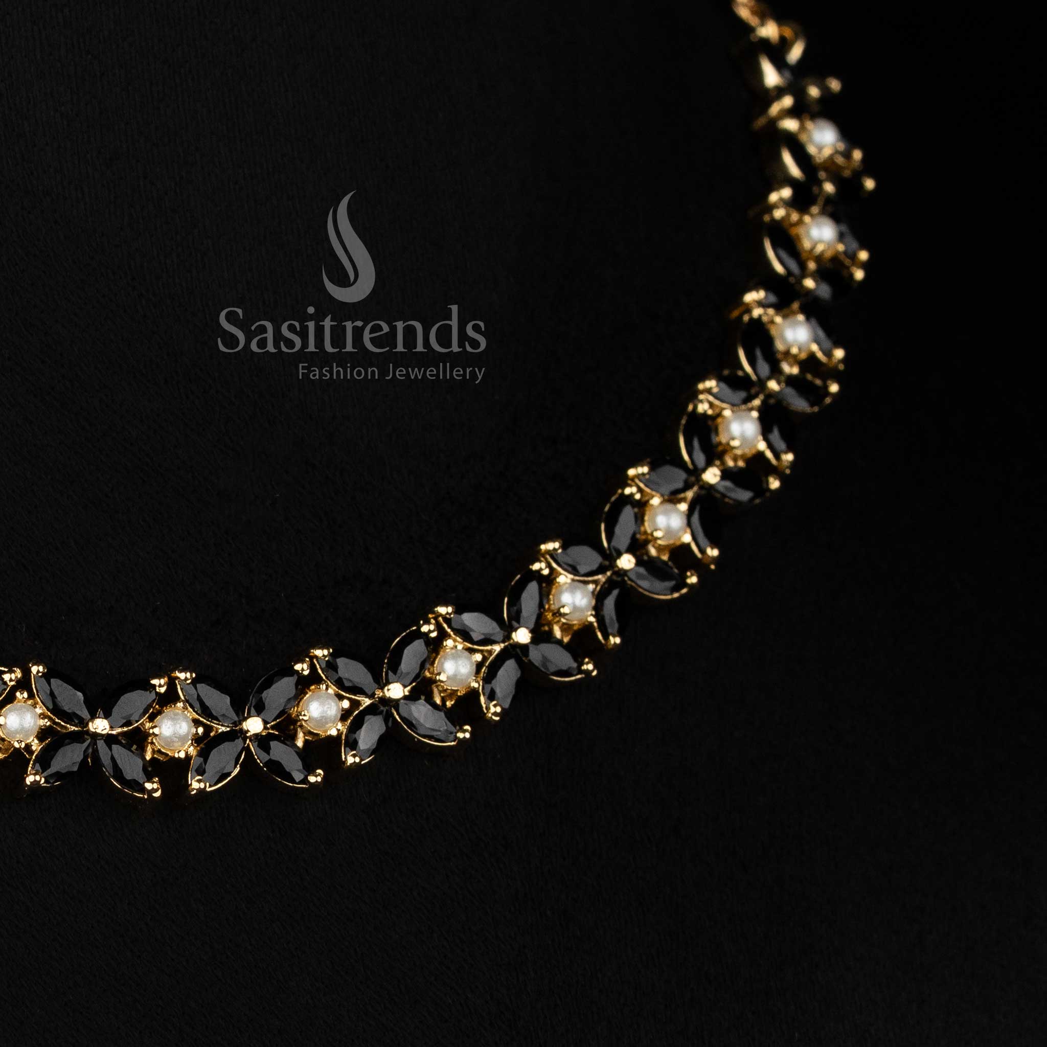 Amazing Micro Gold Plated Four Petal American Diamond Floral Necklace Set with Pearls for Party Styling - Image 14