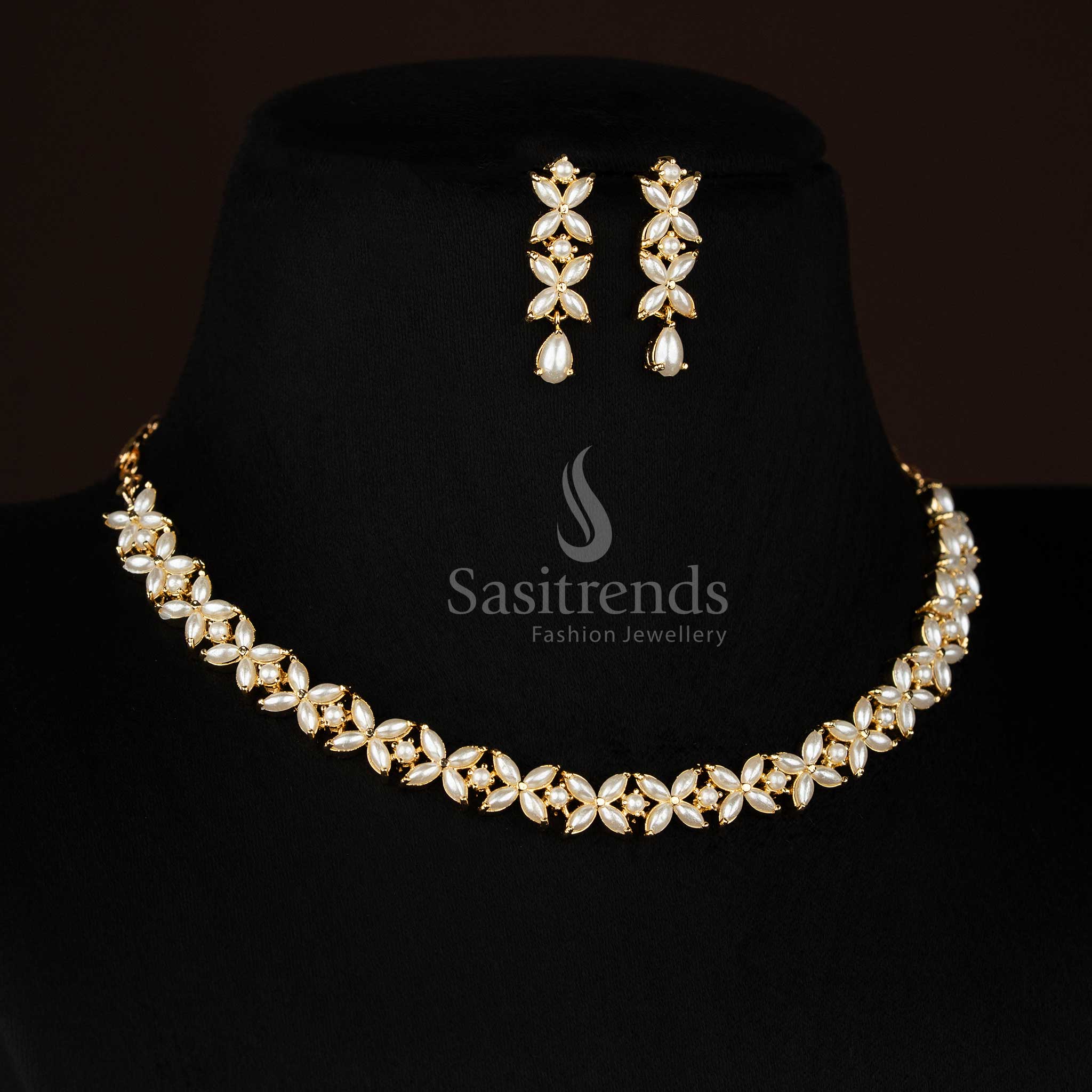 Amazing Micro Gold Plated Four Petal American Diamond Floral Necklace Set with Pearls for Party Styling - Image 5
