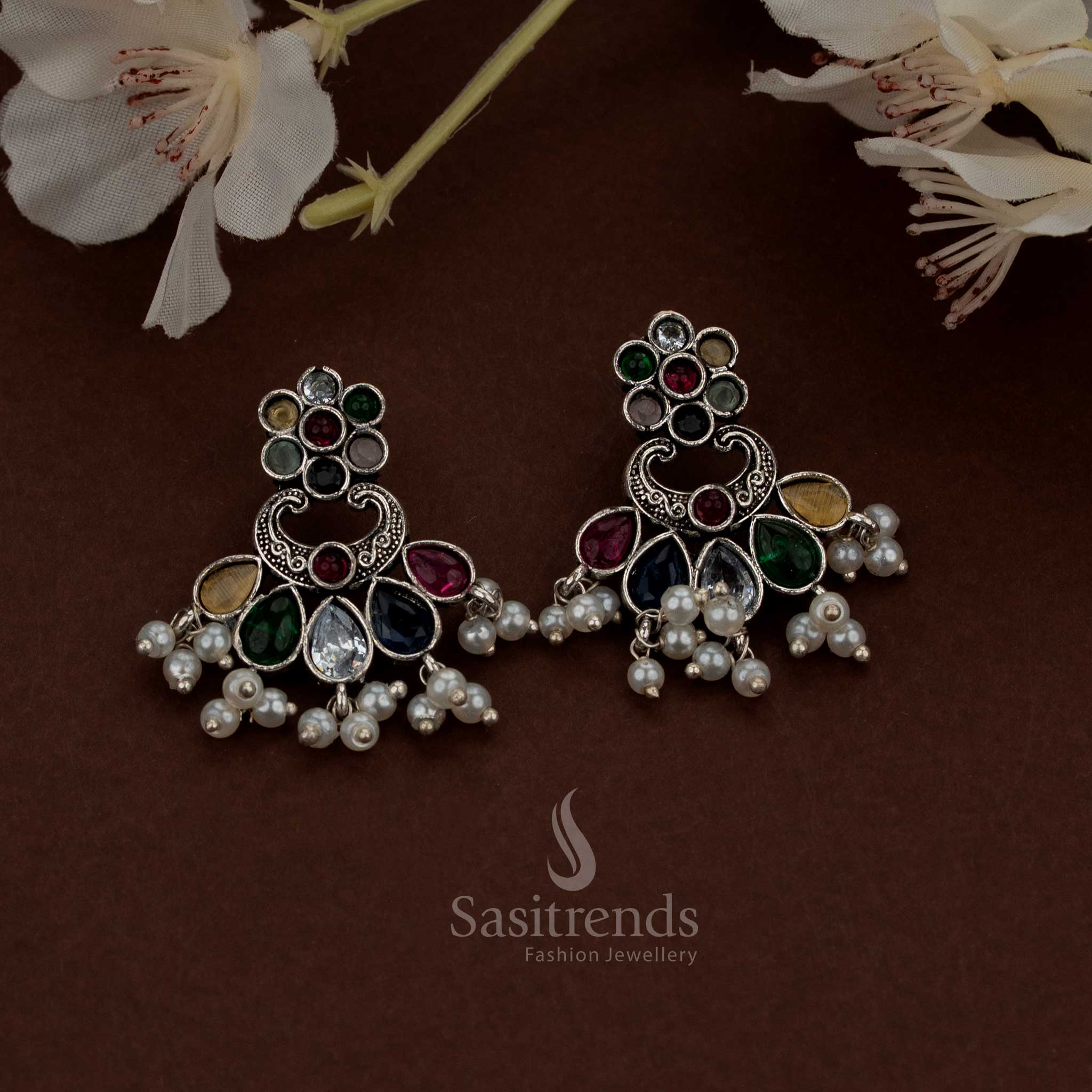 Dazzling Oxidised Colourful Floral Chandbali Teardrop Stone Earrings with Pearls – For Festivals & Ethnic Parties - Image 10