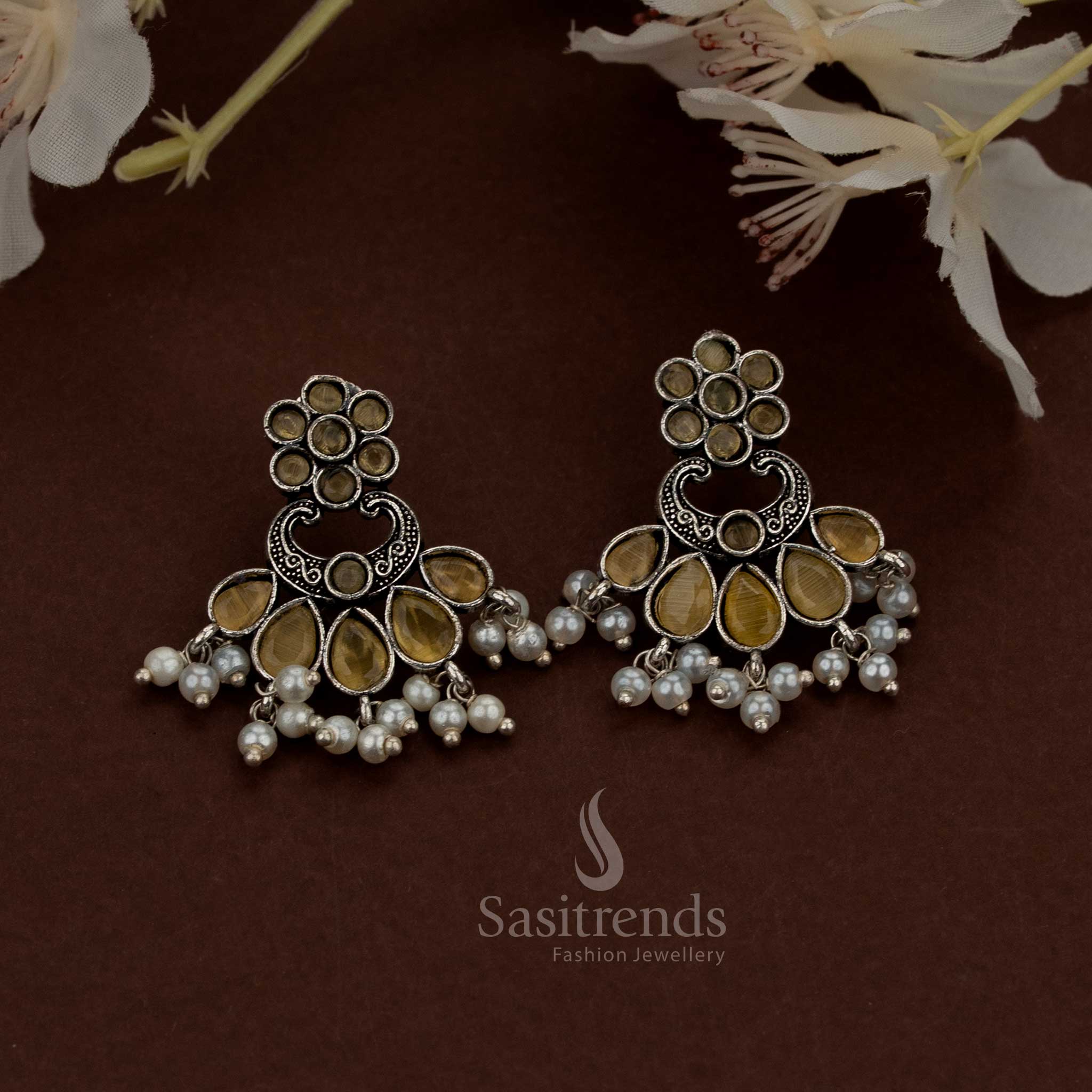Dazzling Oxidised Colourful Floral Chandbali Teardrop Stone Earrings with Pearls – For Festivals & Ethnic Parties - Image 11