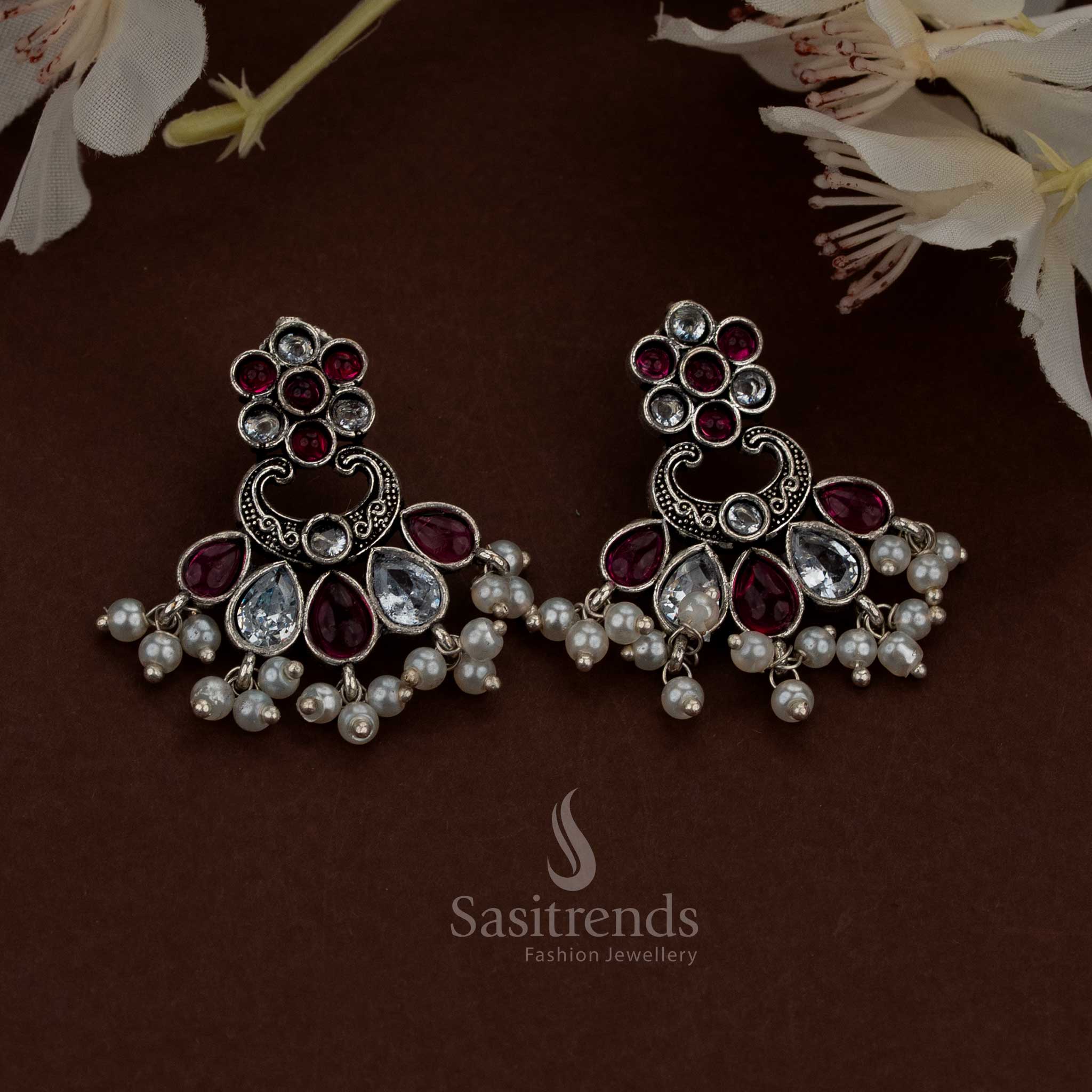 Dazzling Oxidised Colourful Floral Chandbali Teardrop Stone Earrings with Pearls – For Festivals & Ethnic Parties - Image 12