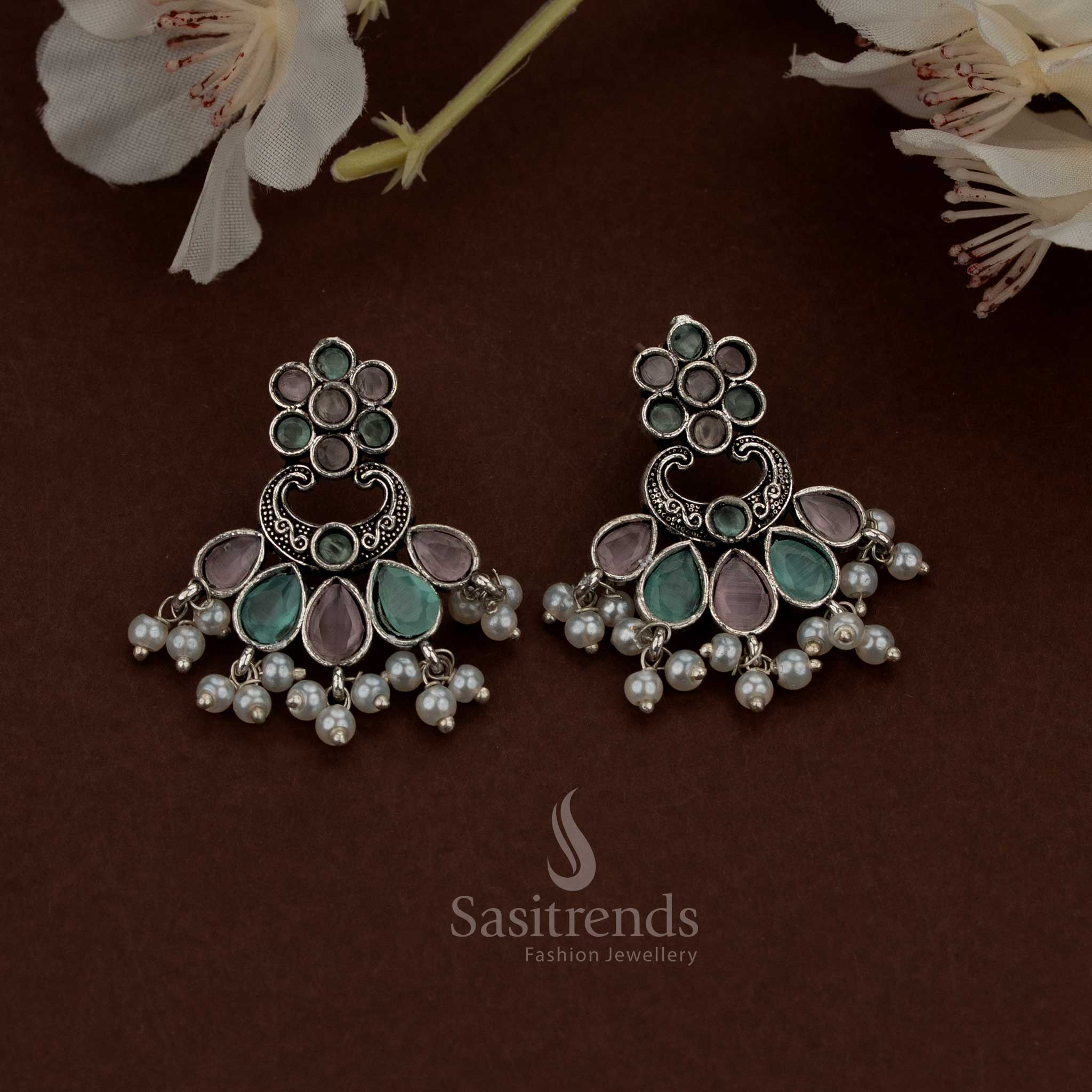 Dazzling Oxidised Colourful Floral Chandbali Teardrop Stone Earrings with Pearls – For Festivals & Ethnic Parties - Image 7