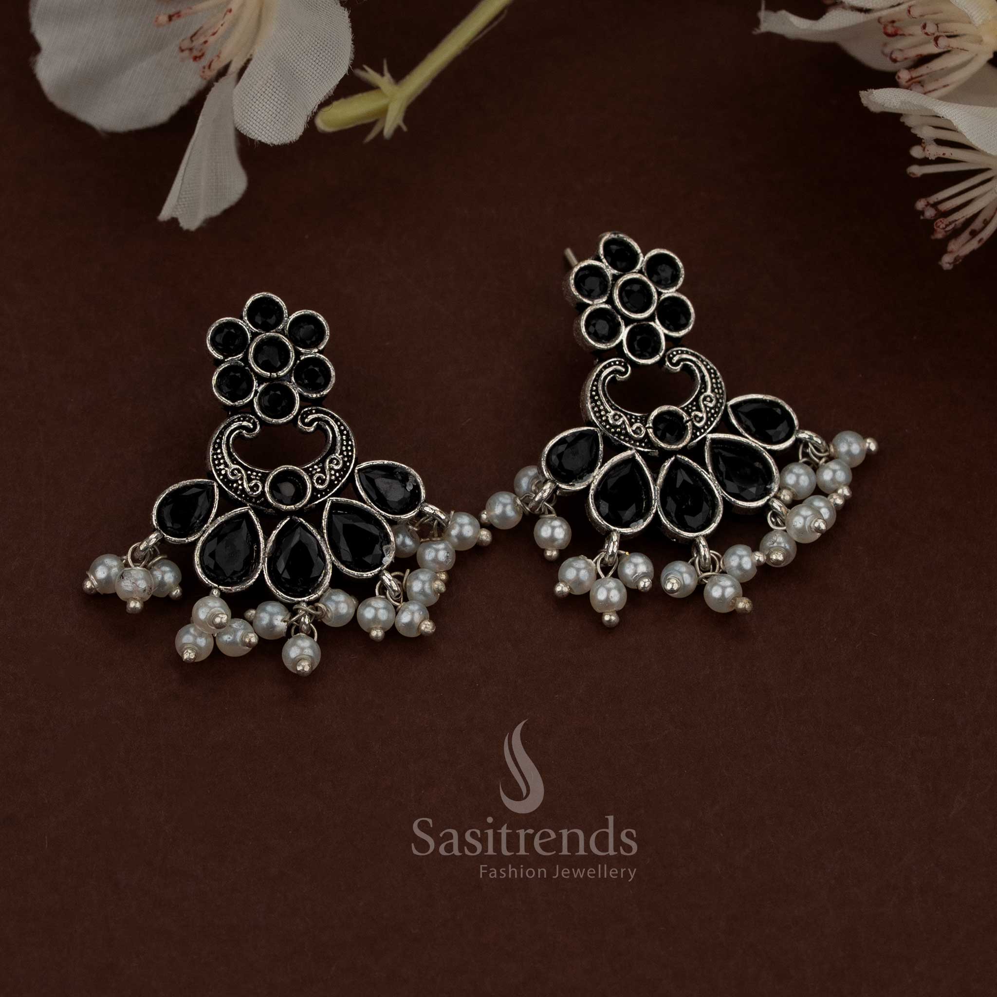 Dazzling Oxidised Colourful Floral Chandbali Teardrop Stone Earrings with Pearls – For Festivals & Ethnic Parties - Image 9