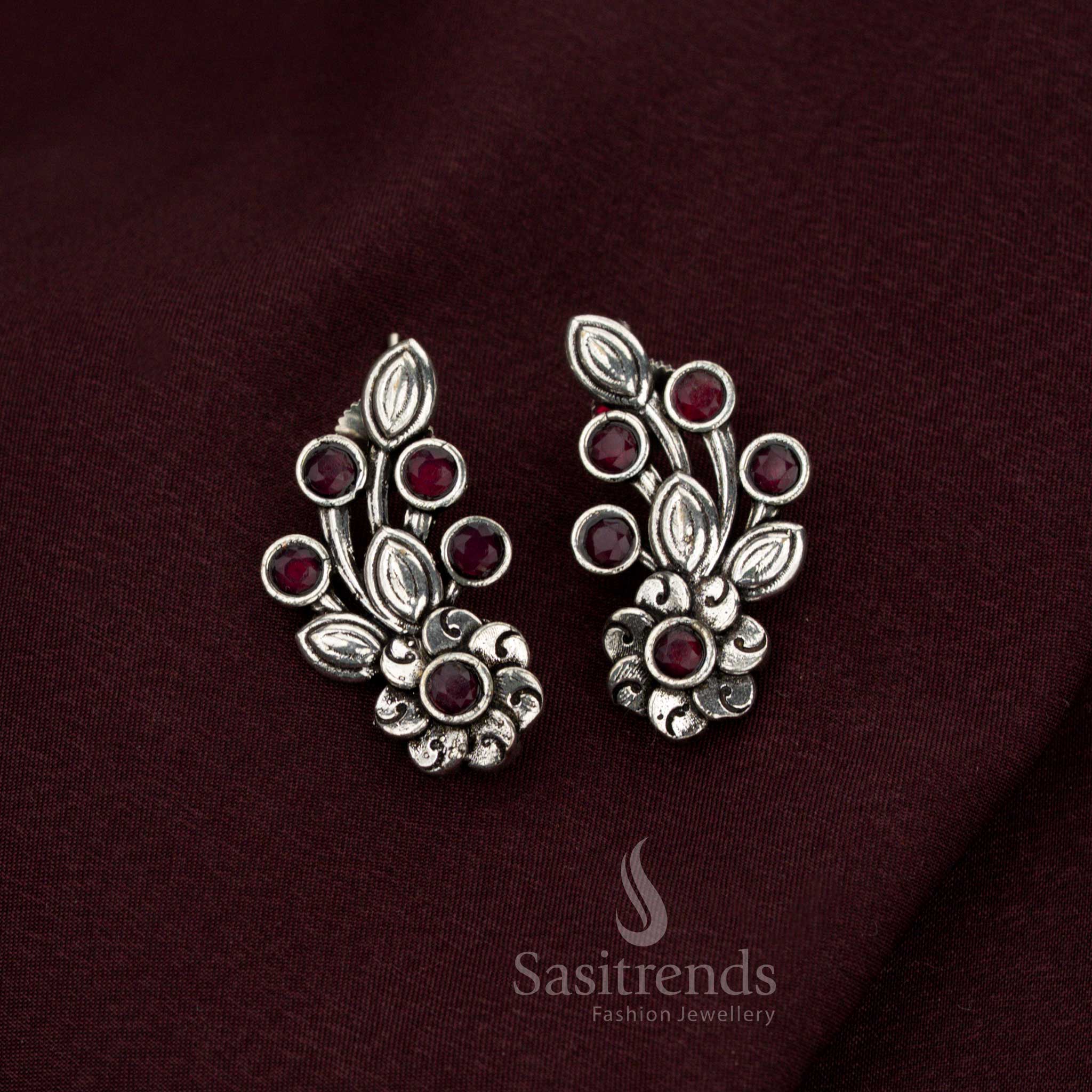 Beautiful Oxidised Floral Stone Earrings for Office Wear - Image 2