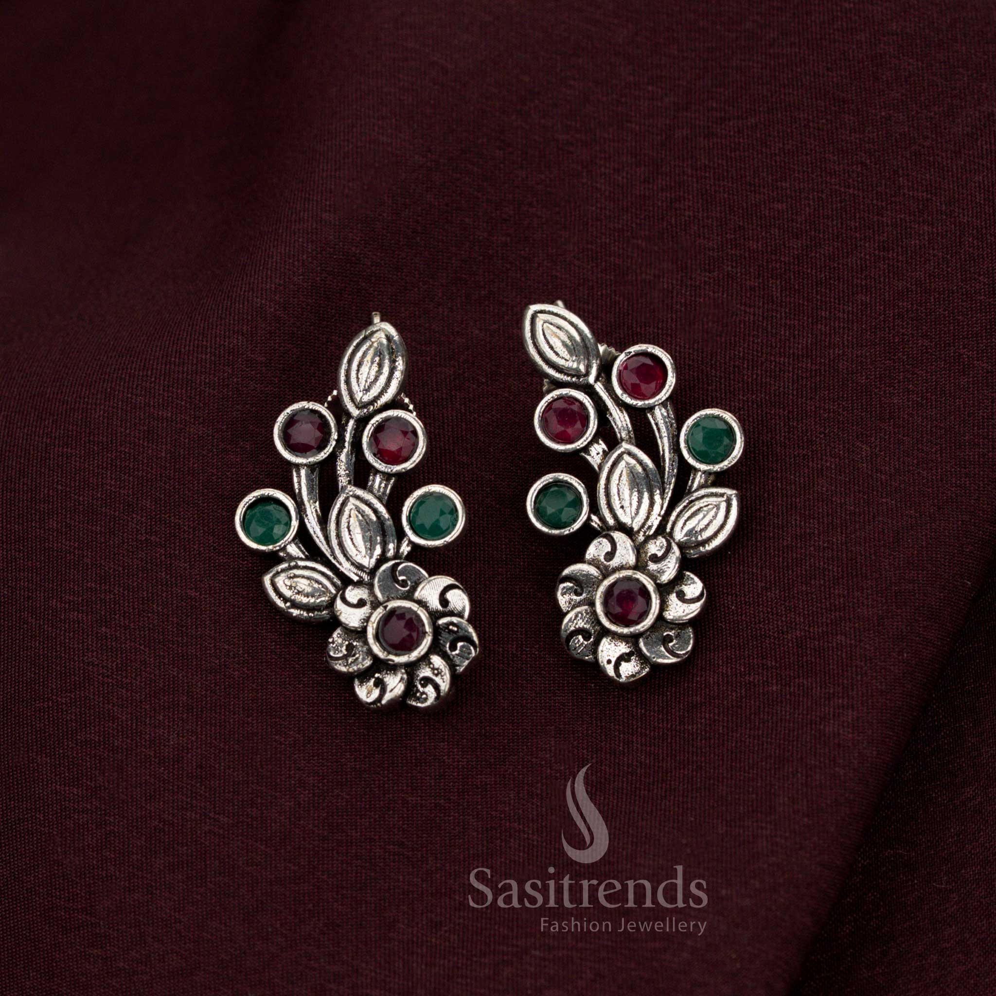 Beautiful Oxidised Floral Stone Earrings for Office Wear - Image 3