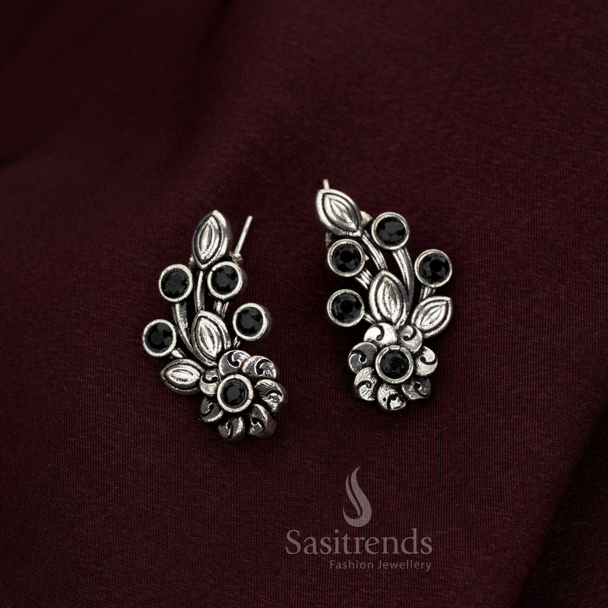 Beautiful Oxidised Floral Stone Earrings for Office Wear - Image 5