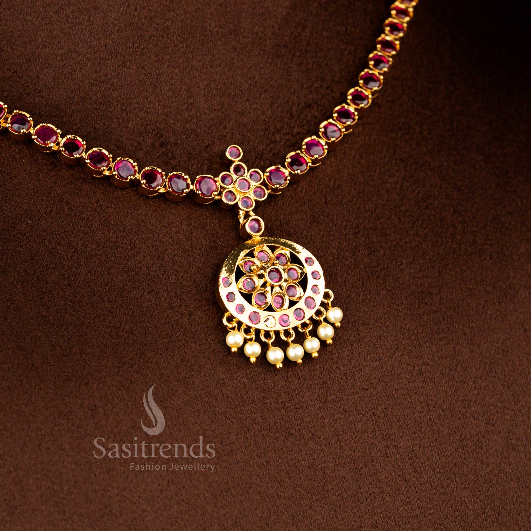 Premium Temple Traditional Impon Attigai Style American Diamond Matte Gold Plated Round Stone Floral Pendant Necklace Jewellery Set - Image 7