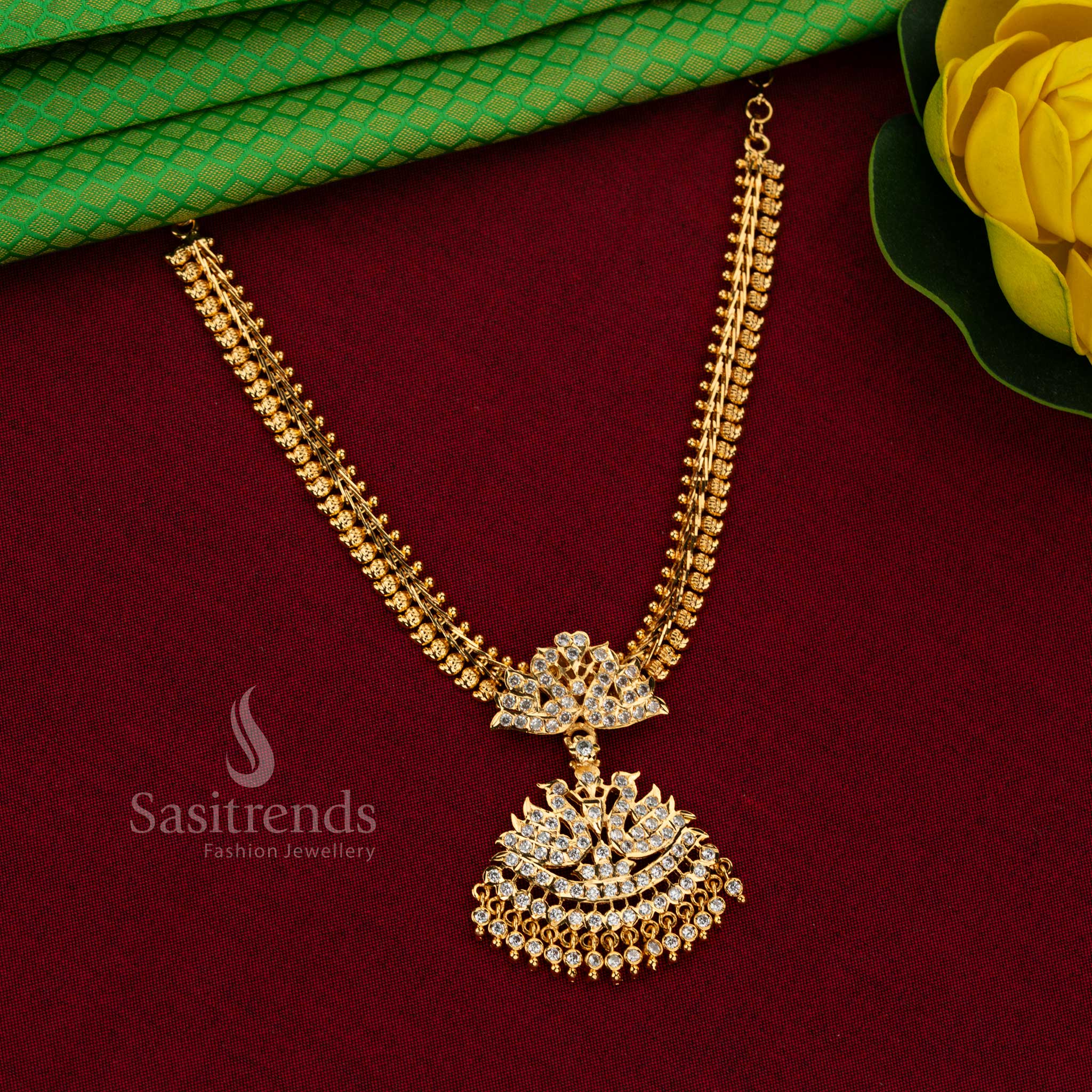 Majestic Traditional Impon Attigai 24K Micro Gold Plated Annapakshi / Swan Muvvala Chain Haaram Necklace with Golden Beads – Guaranteed One Gram Jewellery
