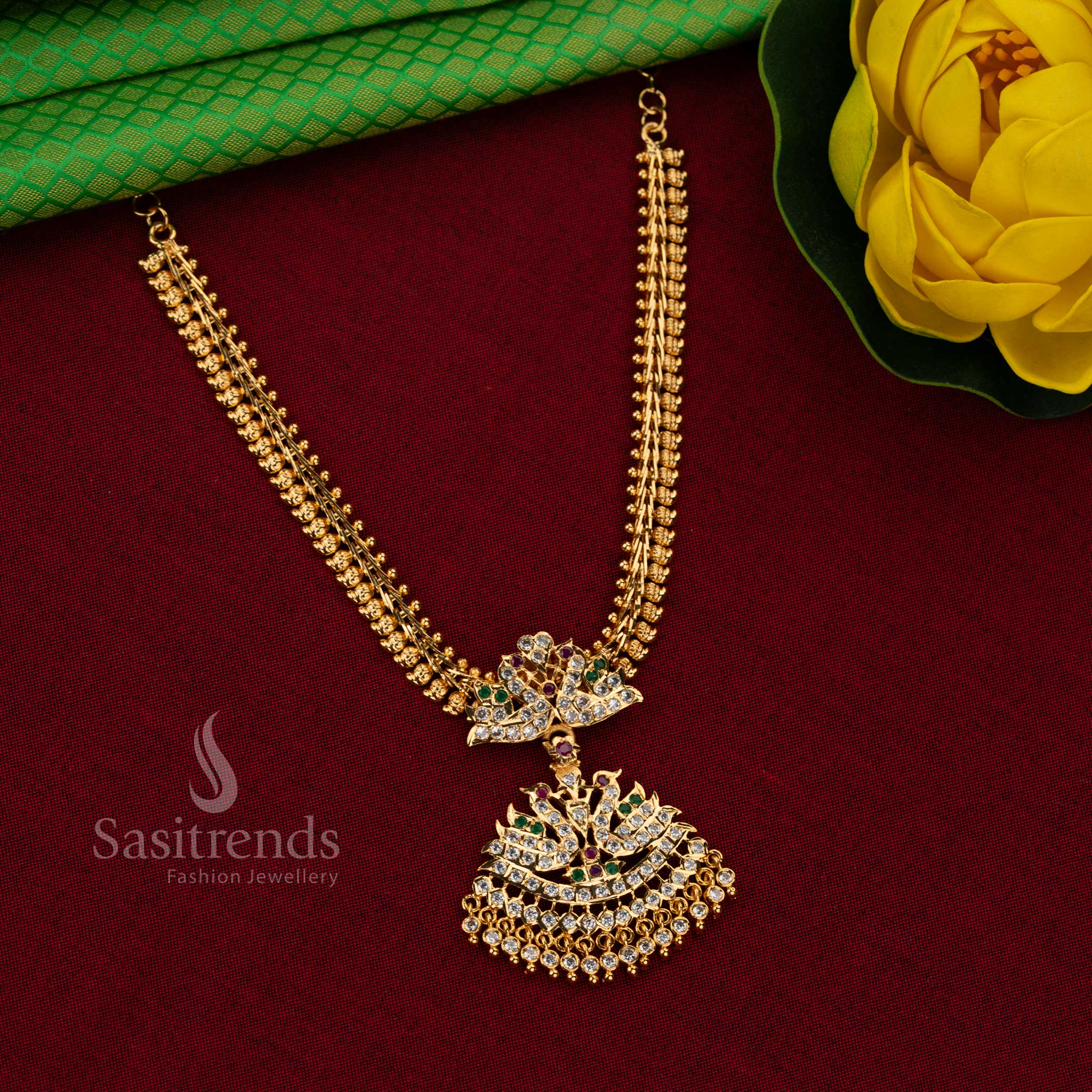 Majestic Traditional Impon Attigai 24K Micro Gold Plated Annapakshi / Swan Muvvala Chain Haaram Necklace with Golden Beads – Guaranteed One Gram Jewellery - Image 3