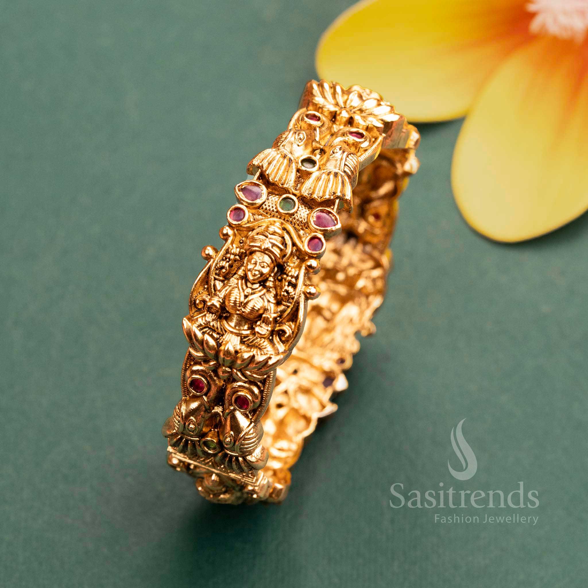 Graceful Traditional Grand Bridal Temple Matte Gold Plated Lakshmi & Peacock Kada Bangle | Sasitrends - Image 2