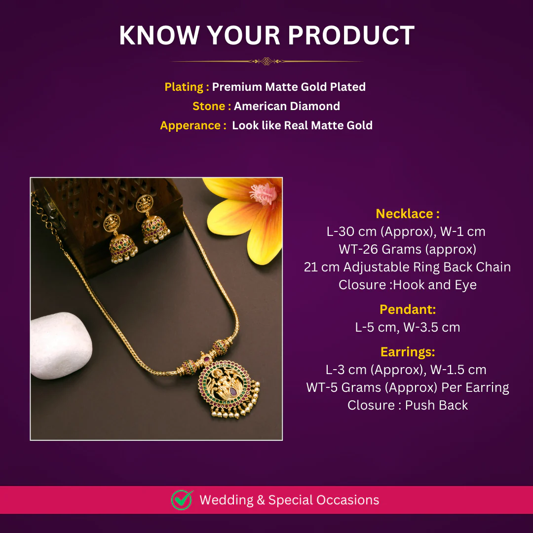 Exquisite Temple Matte Gold Plated Lakshmi Pendant AD Necklace Jewellery Set for Women - Sasitrends - Image 4