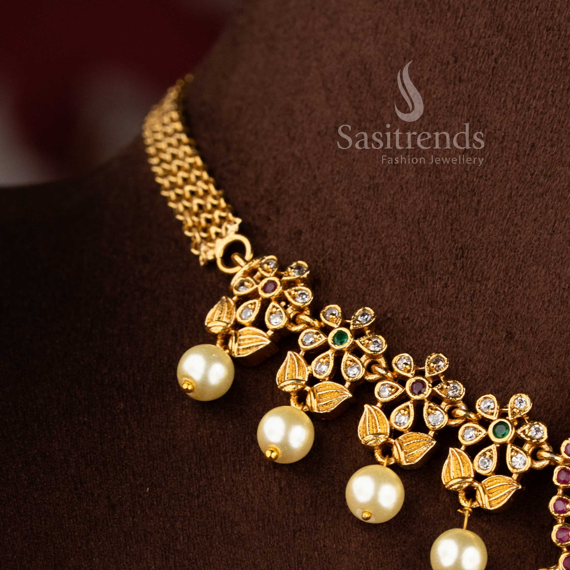 Beautiful Matte Gold Plated AD Stone Studded Peacock Floral Choker Necklace Jewellery Set – Sasitrends - Image 5