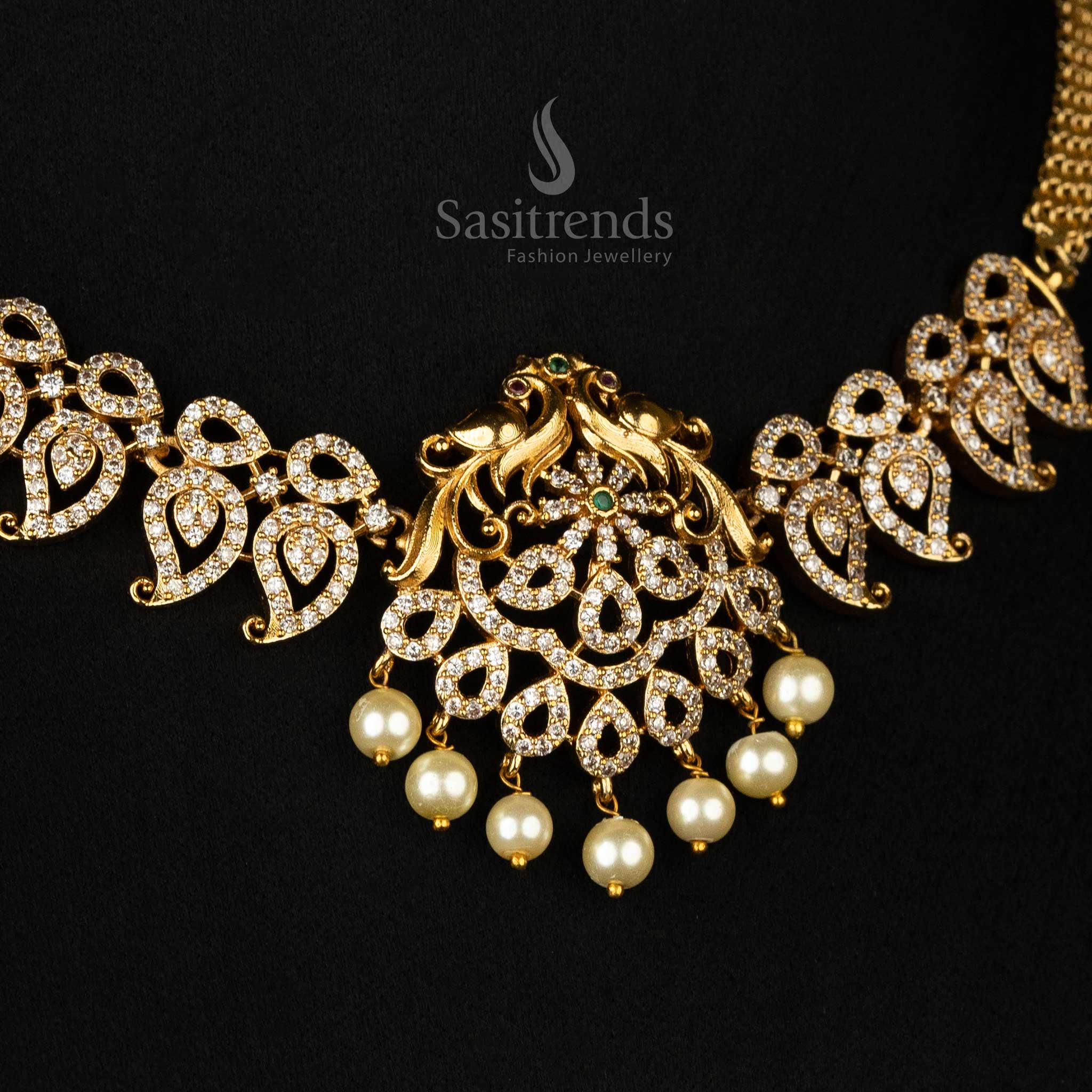 Traditional Bridal Wear Temple Matte Gold Plated Peacock Choker Necklace Jewellery Set with AD Stones - Image 3