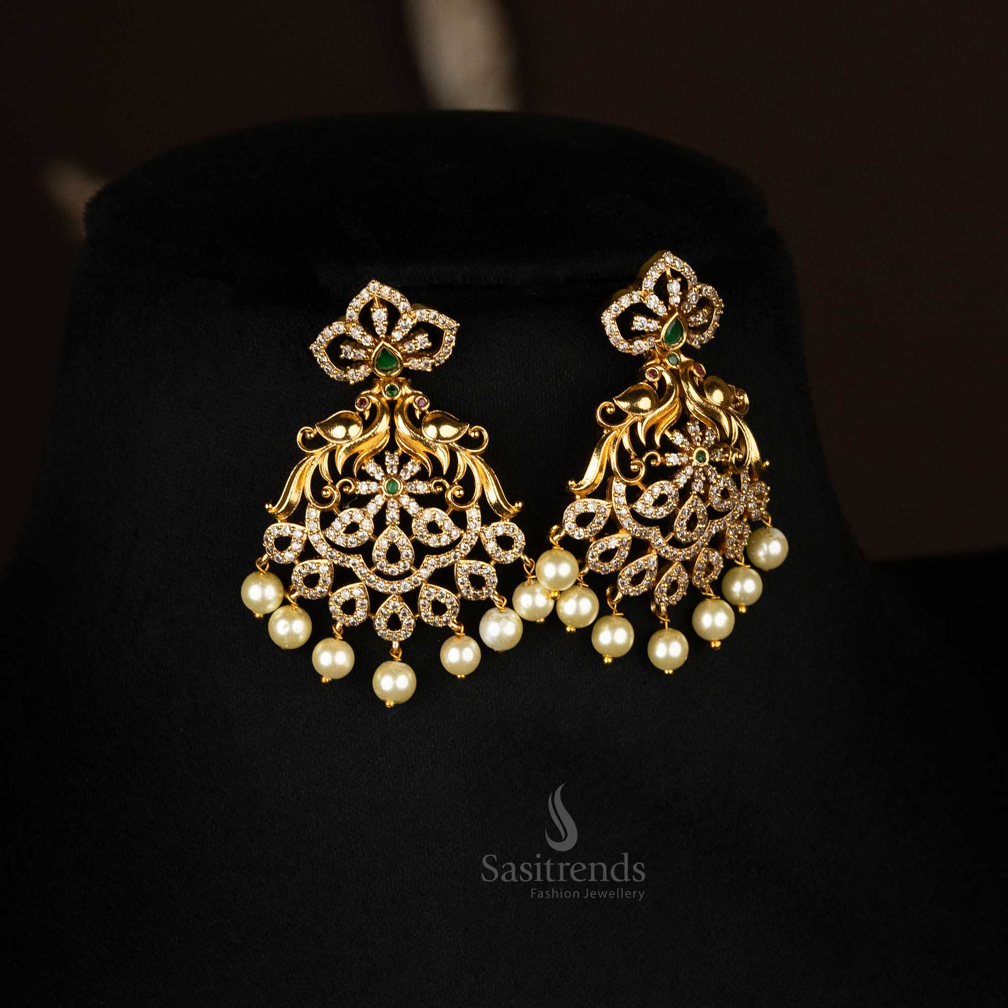 Traditional Bridal Wear Temple Matte Gold Plated Peacock Choker Necklace Jewellery Set with AD Stones - Image 4