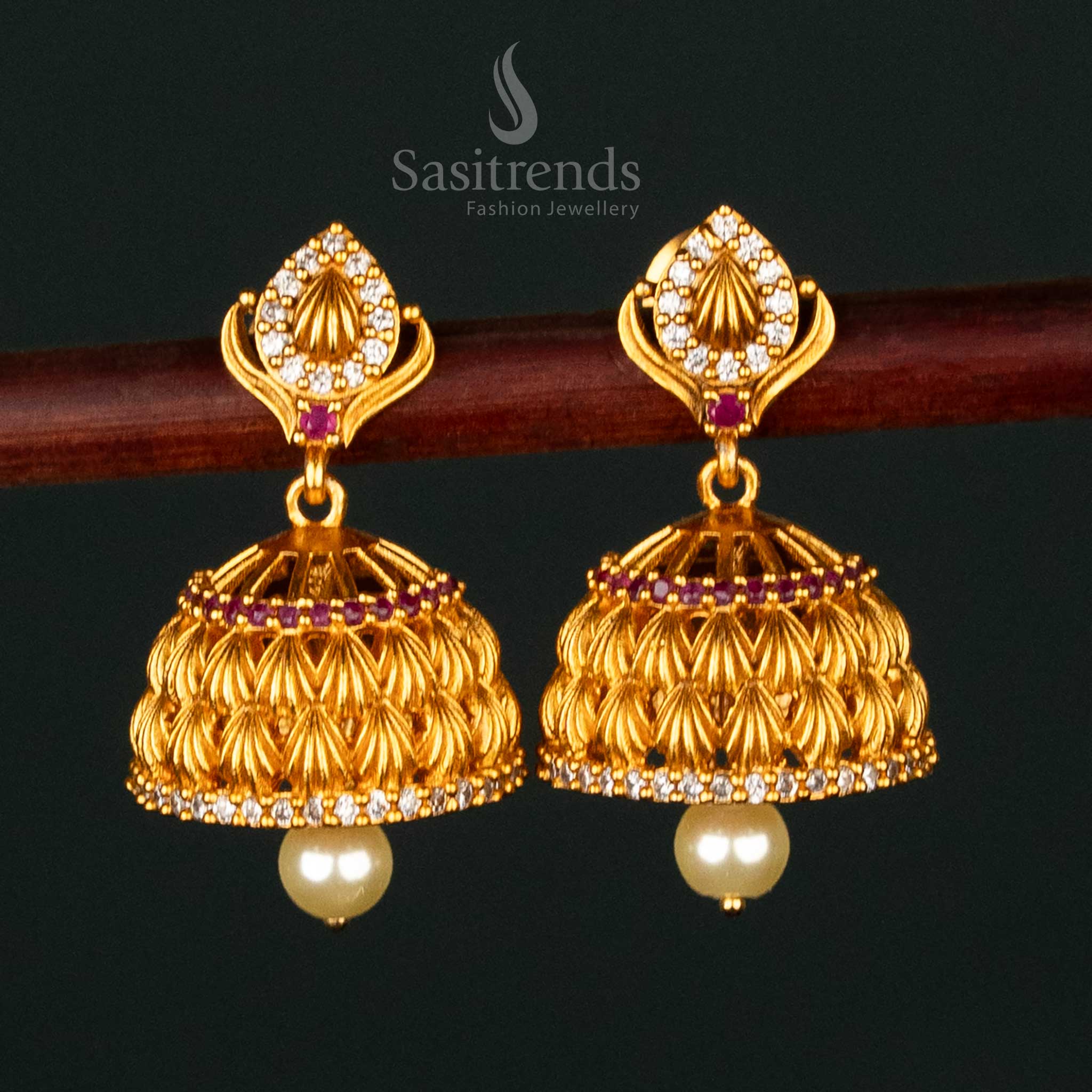 Traditional Matte Gold Plated AD Stone Studded Jhumka Earrings with Pearl Drop For Festive Wear- Sasitrends - Image 3