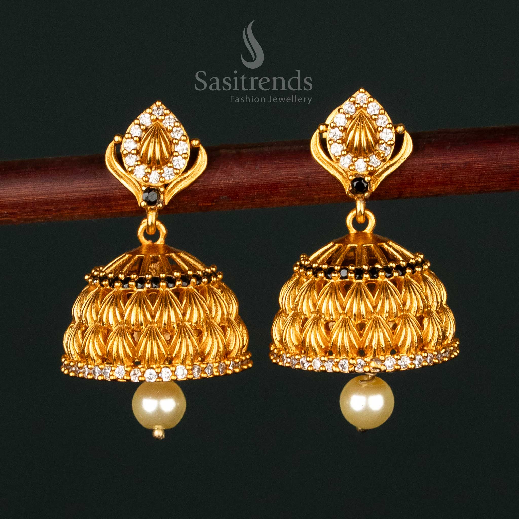 Traditional Matte Gold Plated AD Stone Studded Jhumka Earrings with Pearl Drop For Festive Wear- Sasitrends - Image 4